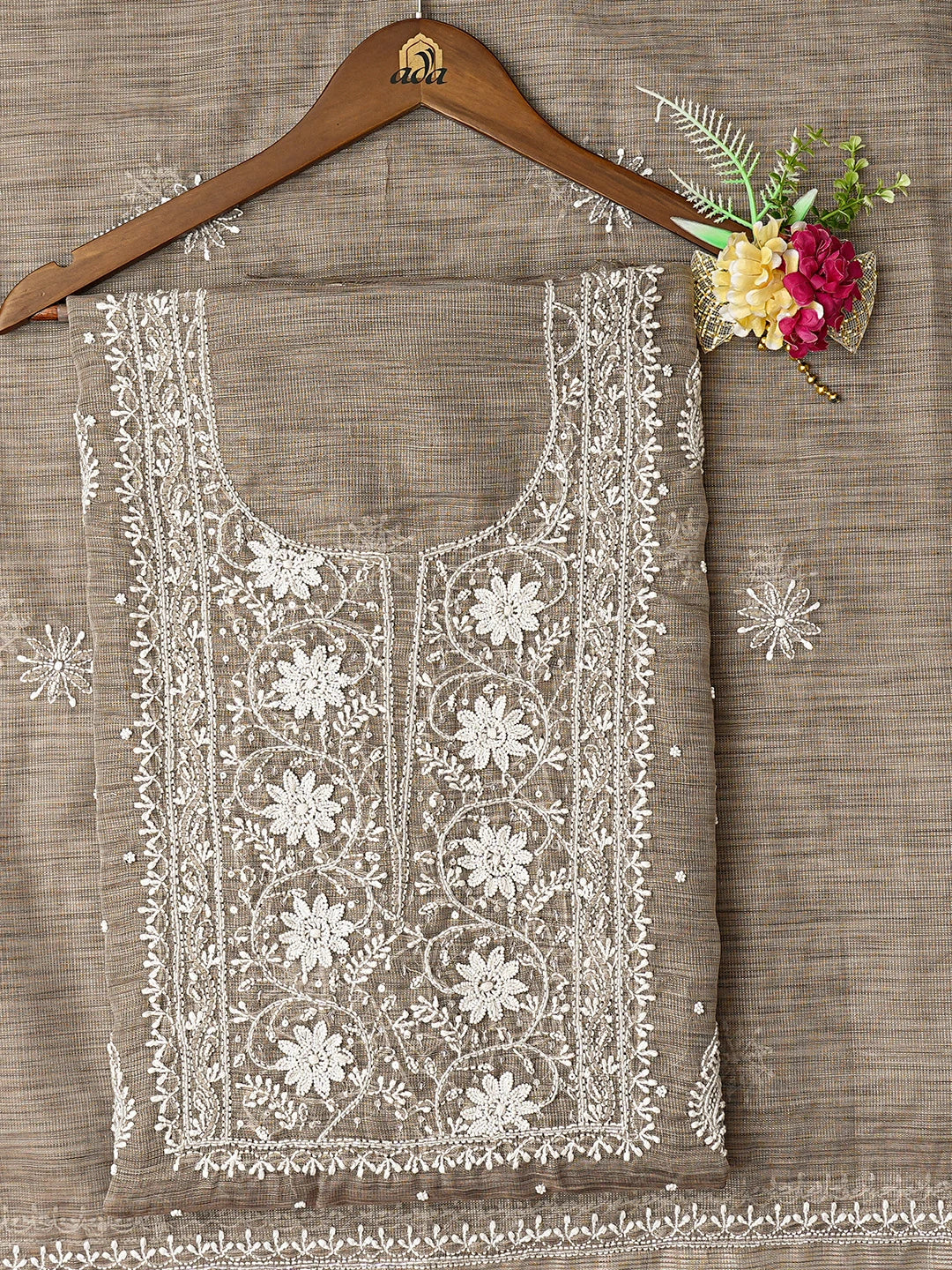 Ada Hand Embroidered Beaver Brown Tissue Lucknowi Chikankari Unstitched Kurta Dupatta Set With Cutdana Work 01A737456