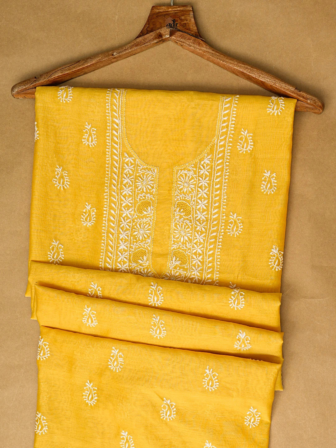 Ada Hand Embroidered Yellow Chanderi Lucknowi Chikankari Unstitched Men's Kurta Piece 01A836894