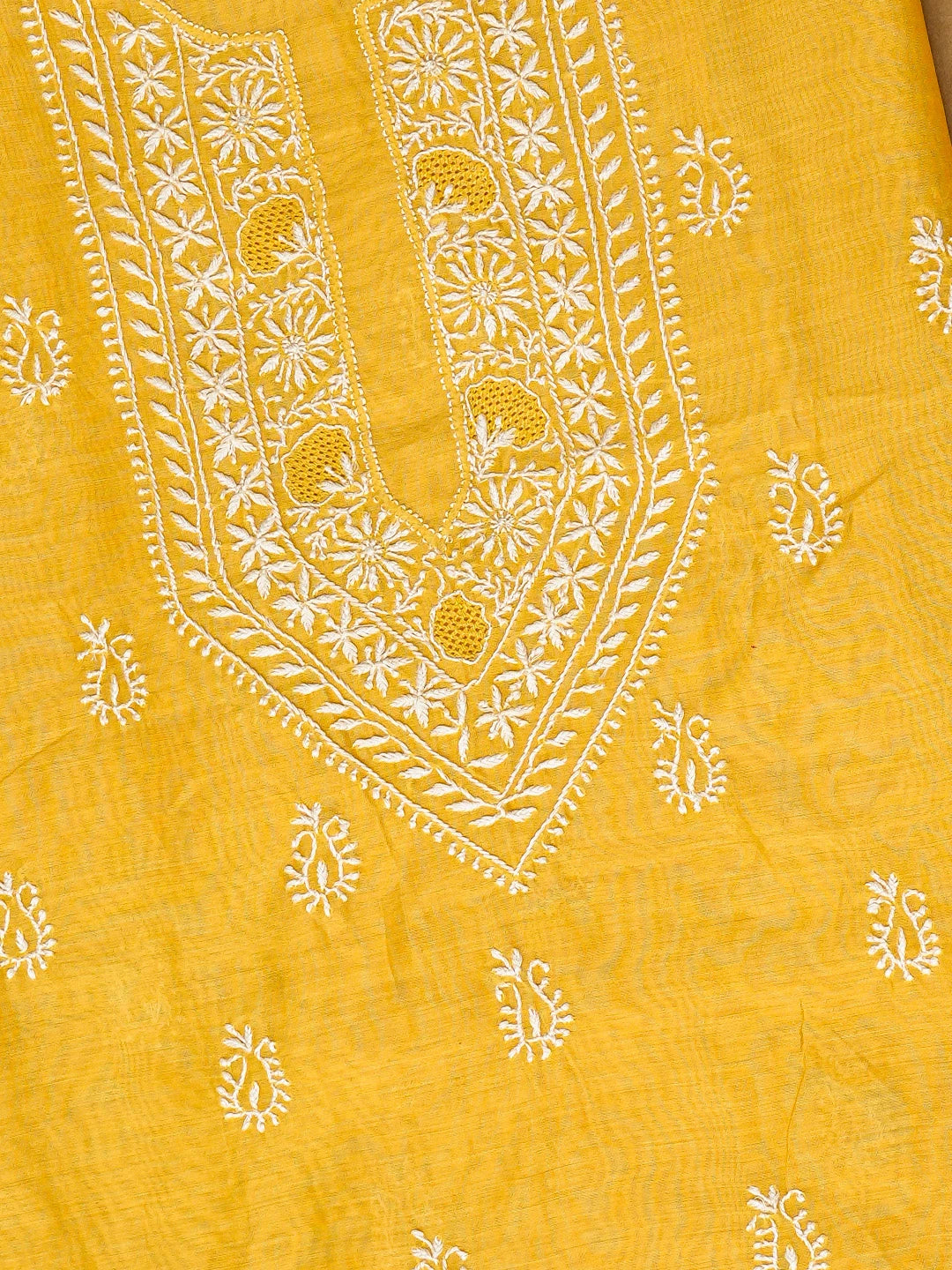 Ada Hand Embroidered Yellow Chanderi Lucknowi Chikankari Unstitched Men's Kurta Piece 01A836894