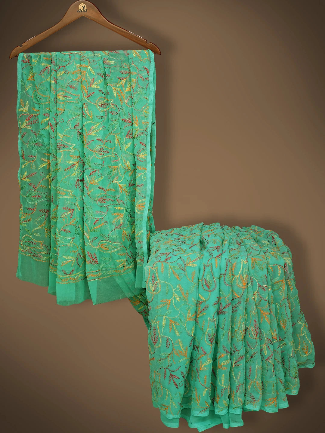Ada Hand Embroidered Green Georgette Lucknowi Chikankari Saree and Blouse 01A838104