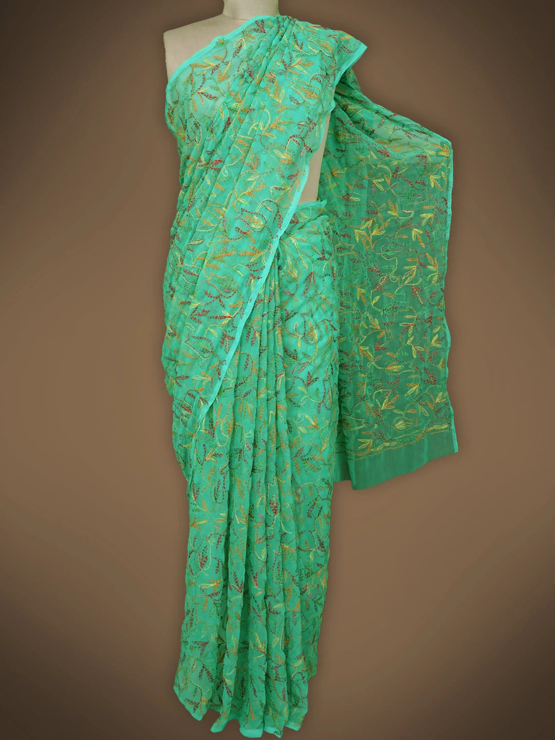 Ada Hand Embroidered Green Georgette Lucknowi Chikankari Saree and Blouse 01A838104