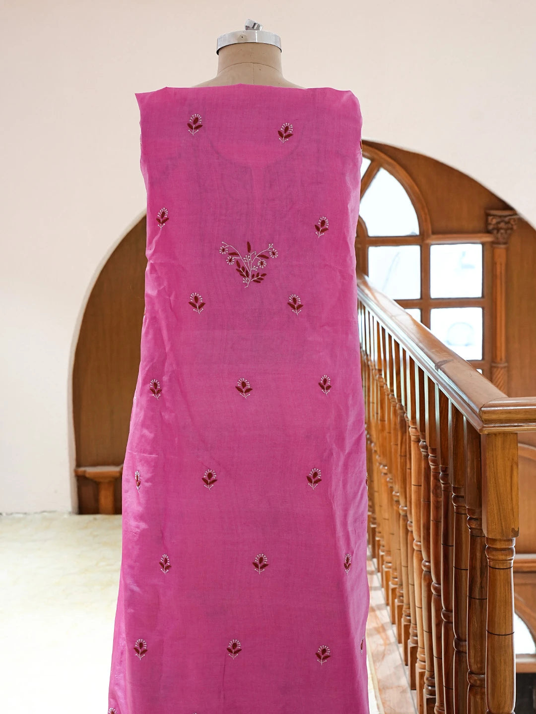 Ada Hand Embroidered Magenta Silk Lucknowi Chikankari Unstitched Kurta Dupatta Set 01A837218