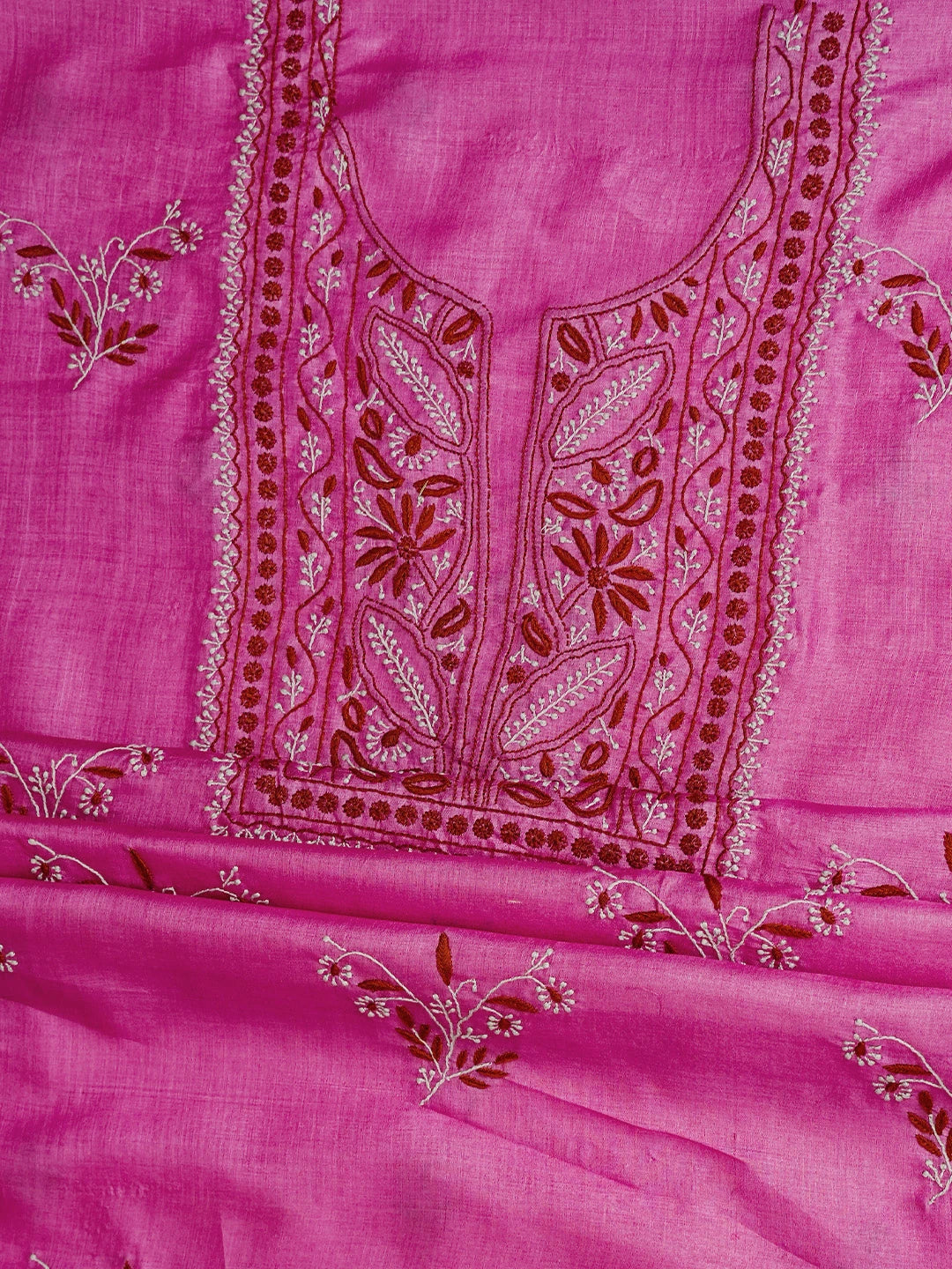 Ada Hand Embroidered Magenta Silk Lucknowi Chikankari Unstitched Kurta Dupatta Set 01A837218