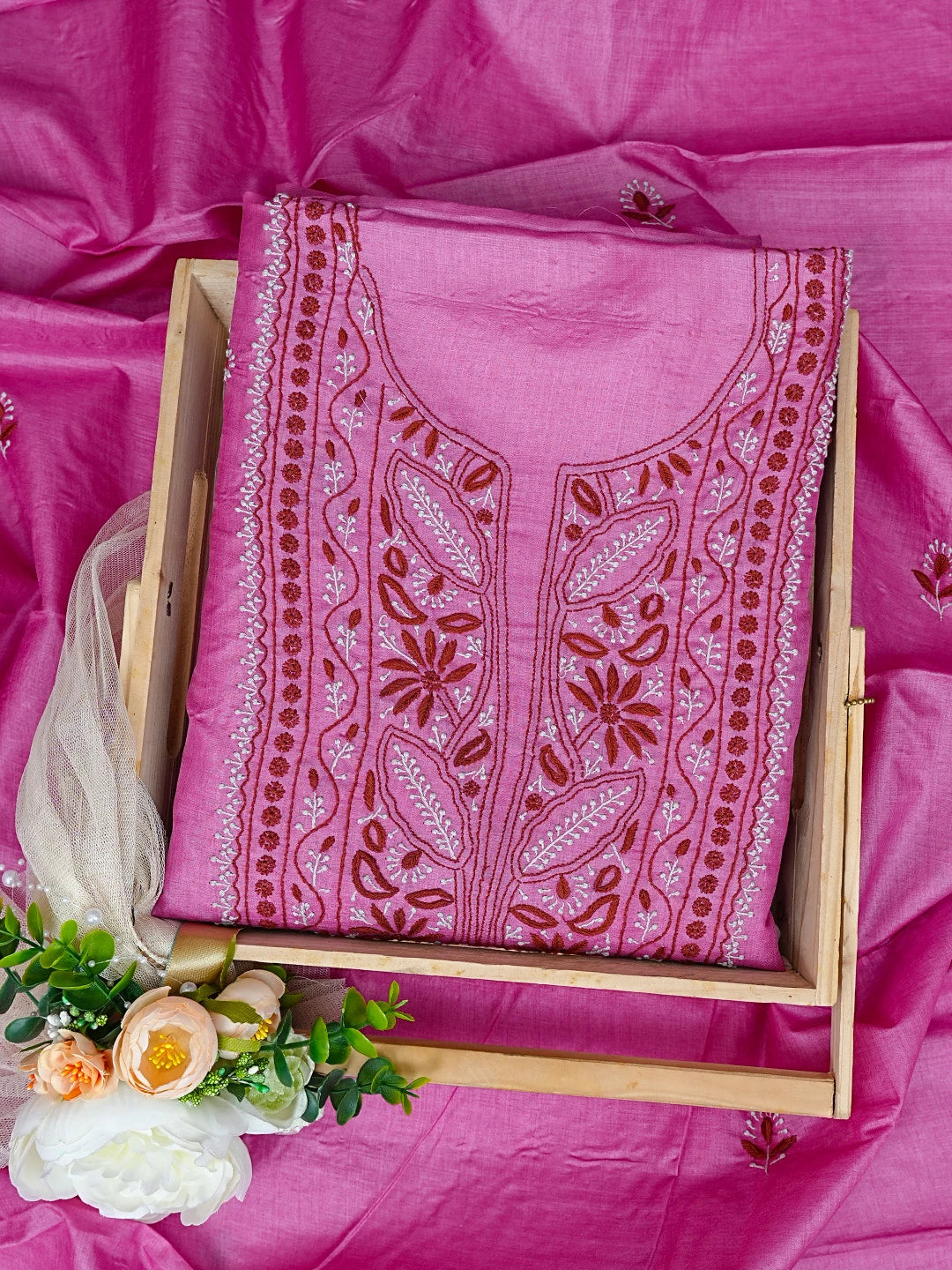 Ada Hand Embroidered Magenta Silk Lucknowi Chikankari Unstitched Kurta Dupatta Set 01A837218
