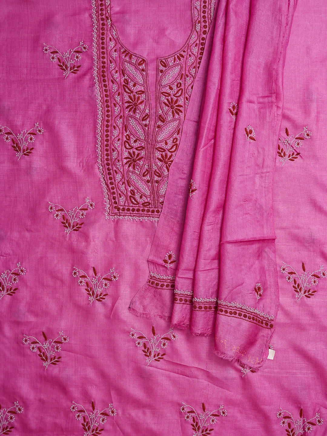 Ada Hand Embroidered Magenta Silk Lucknowi Chikankari Unstitched Kurta Dupatta Set 01A837218