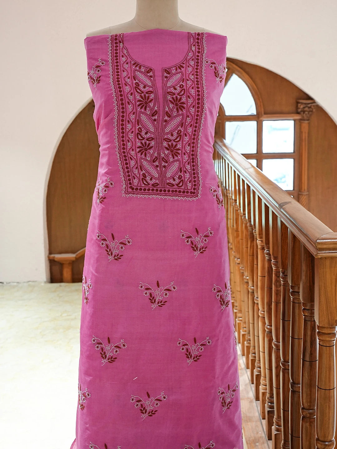 Ada Hand Embroidered Magenta Silk Lucknowi Chikankari Unstitched Kurta Dupatta Set 01A837218