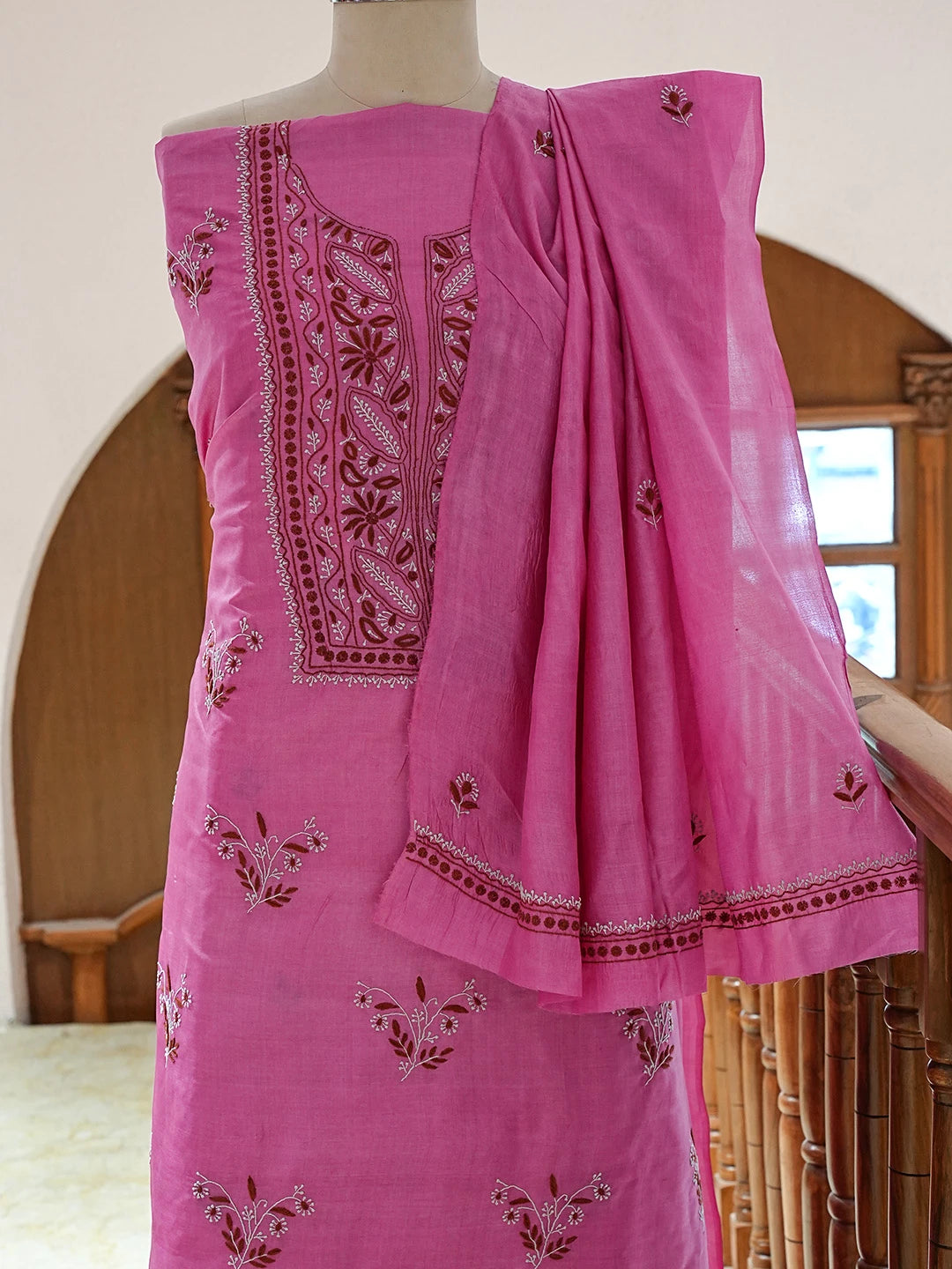 Ada Hand Embroidered Magenta Silk Lucknowi Chikankari Unstitched Kurta Dupatta Set 01A837218