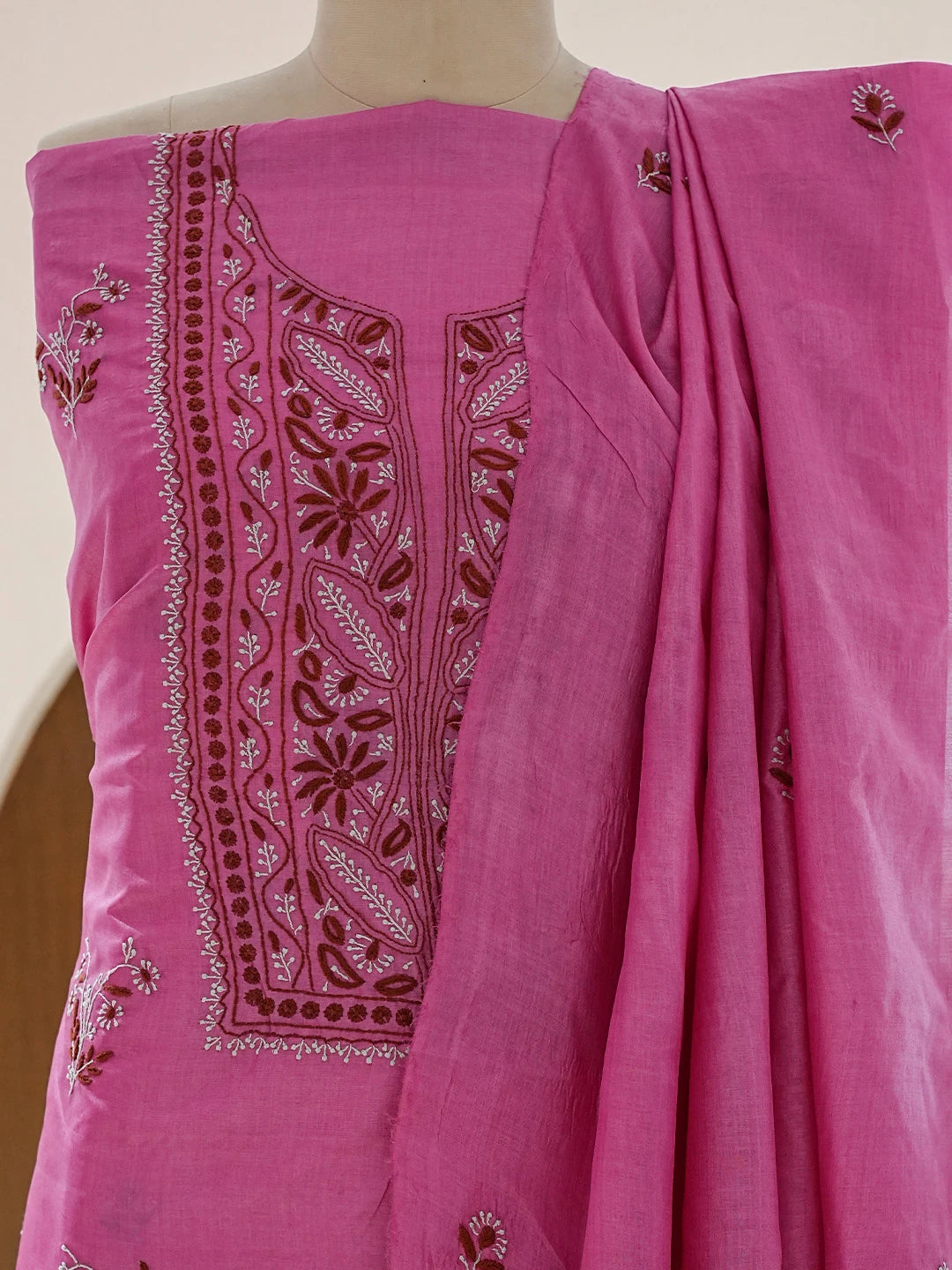 Ada Hand Embroidered Magenta Silk Lucknowi Chikankari Unstitched Kurta Dupatta Set 01A837218