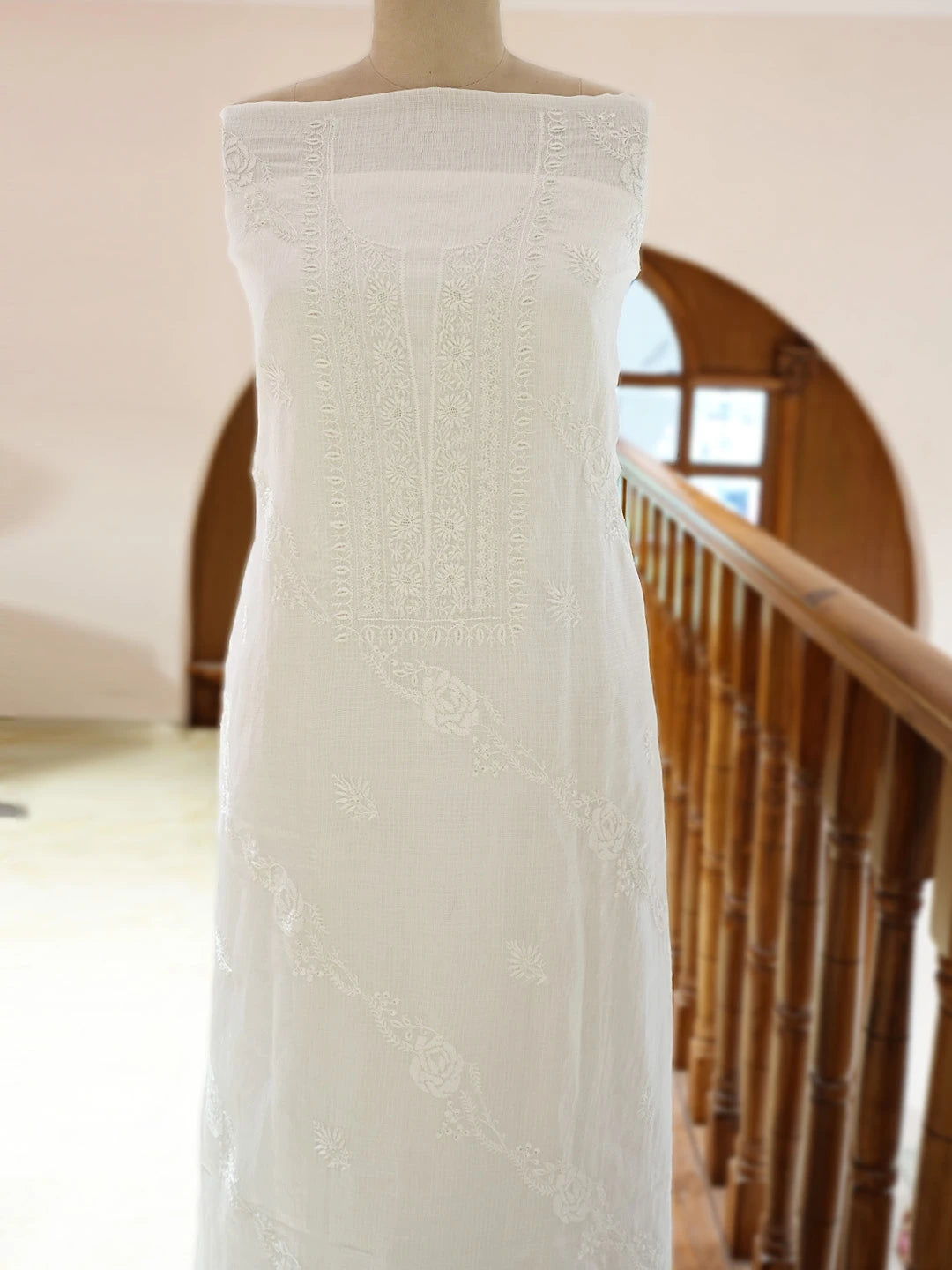 Ada Hand Embroidered White Kota Silk Lucknowi Chikankari Unstitched Kurta Dupatta Set 01A600678