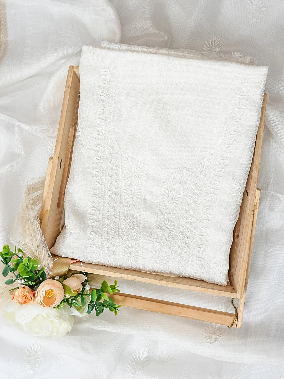 Ada Hand Embroidered White Kota Silk Lucknowi Chikankari Unstitched Kurta Dupatta Set 01A600678