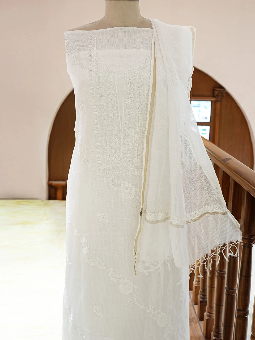 Ada Hand Embroidered White Kota Silk Lucknowi Chikankari Unstitched Kurta Dupatta Set 01A600678