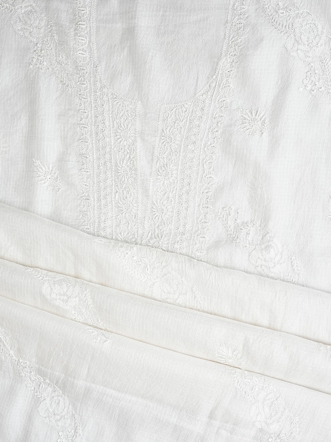 Ada Hand Embroidered White Kota Silk Lucknowi Chikankari Unstitched Kurta Dupatta Set 01A600678