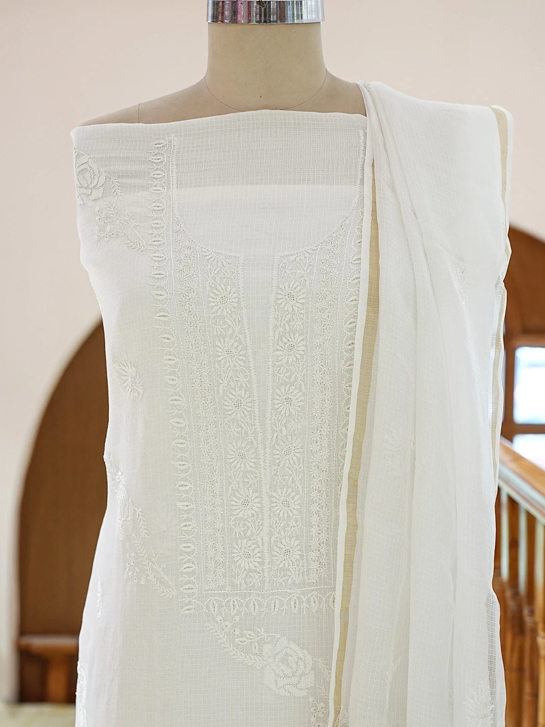 Ada Hand Embroidered White Kota Silk Lucknowi Chikankari Unstitched Kurta Dupatta Set 01A600678
