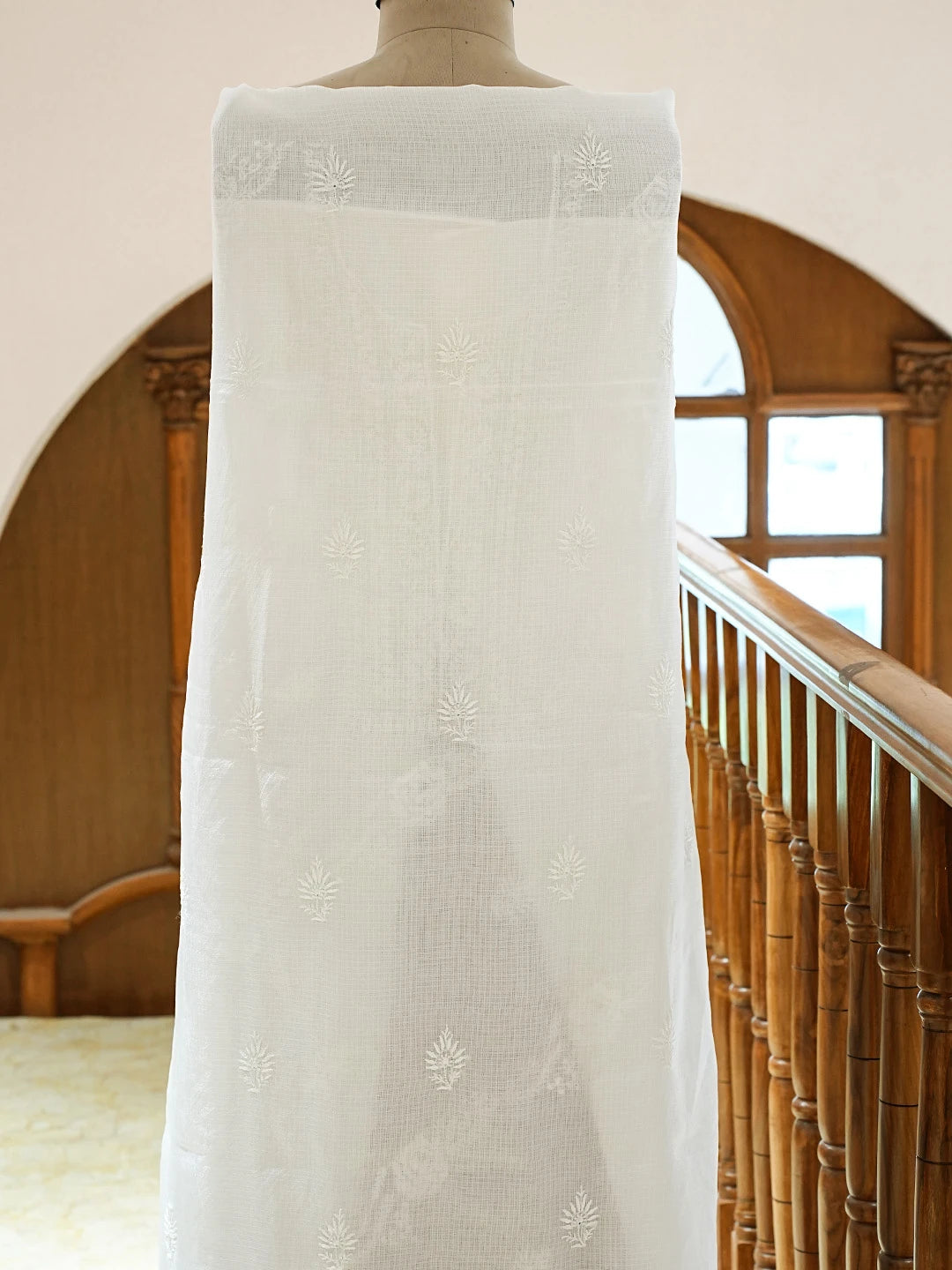 Ada Hand Embroidered White Kota Silk Lucknowi Chikankari Unstitched Kurta Dupatta Set 01A600678