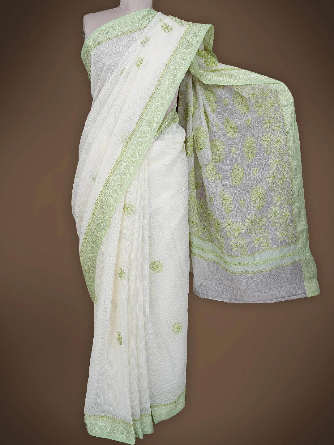 Ada Hand Embroidered Cream Chanderi Lucknowi Chikankari Saree and Blouse 01A837951