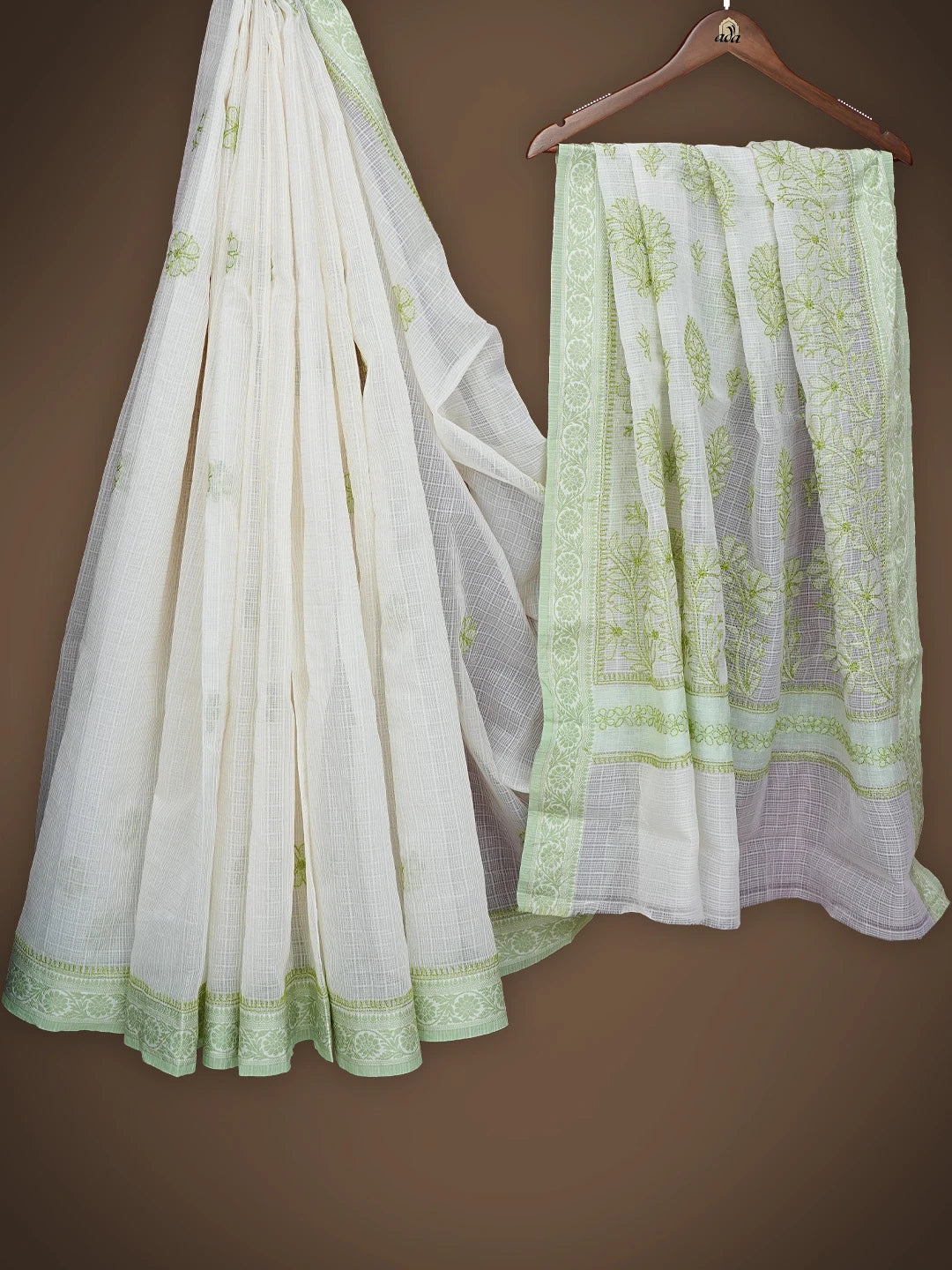 Ada Hand Embroidered Cream Chanderi Lucknowi Chikankari Saree and Blouse 01A837951