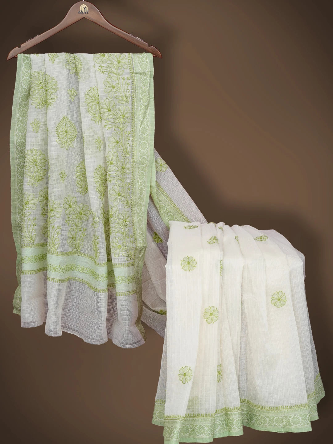 Ada Hand Embroidered Cream Chanderi Lucknowi Chikankari Saree and Blouse 01A837951