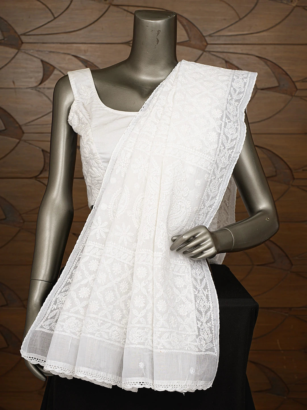 Ada Hand Embroidered White Cotton Lucknowi Chikankari Dupatta 01A801015