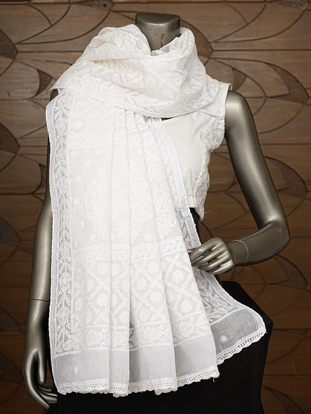 Ada Hand Embroidered White Cotton Lucknowi Chikankari Dupatta 01A801015