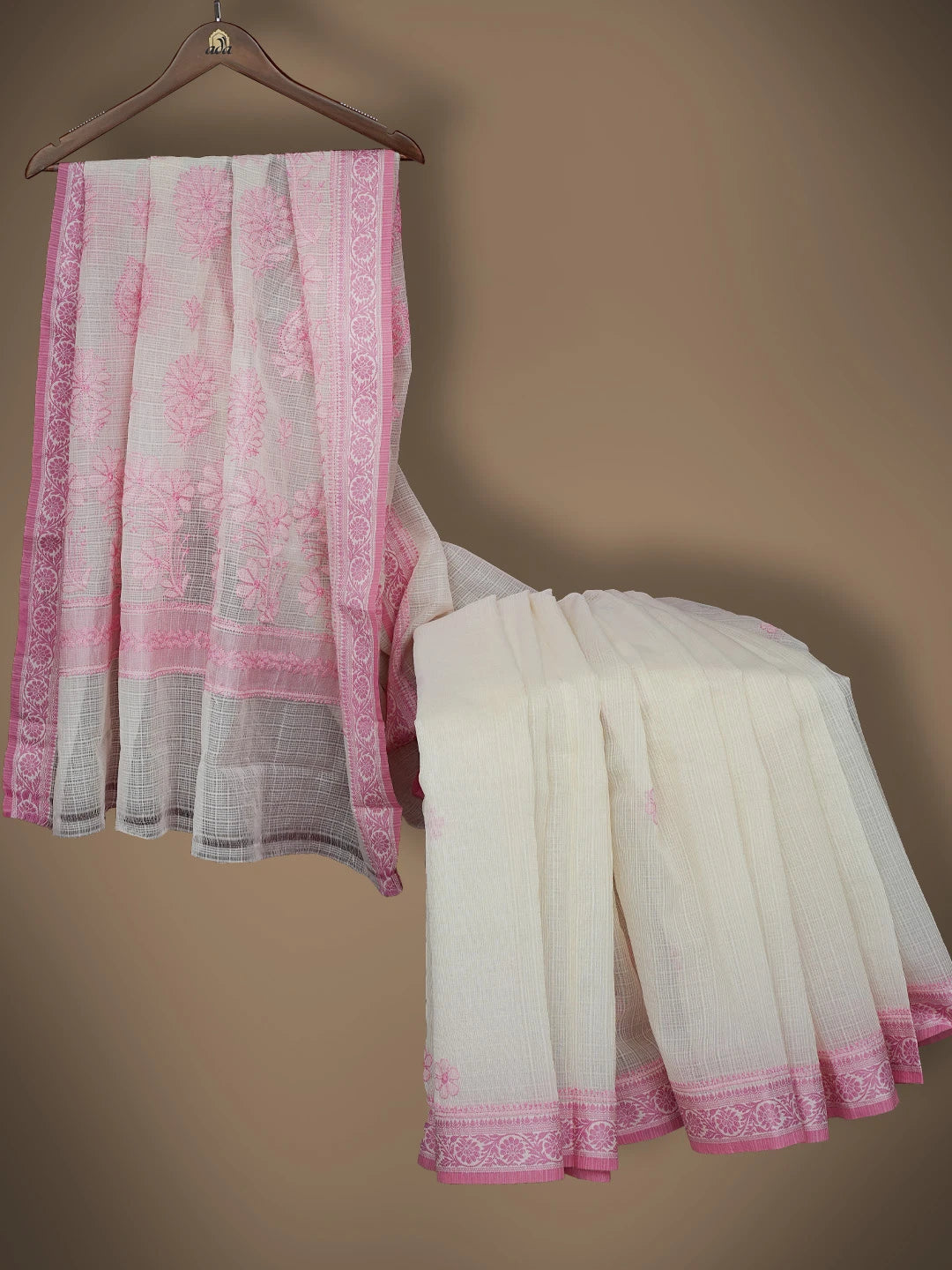 Ada Hand Embroidered Cream Chanderi Lucknowi Chikankari Saree and Blouse 01A837949