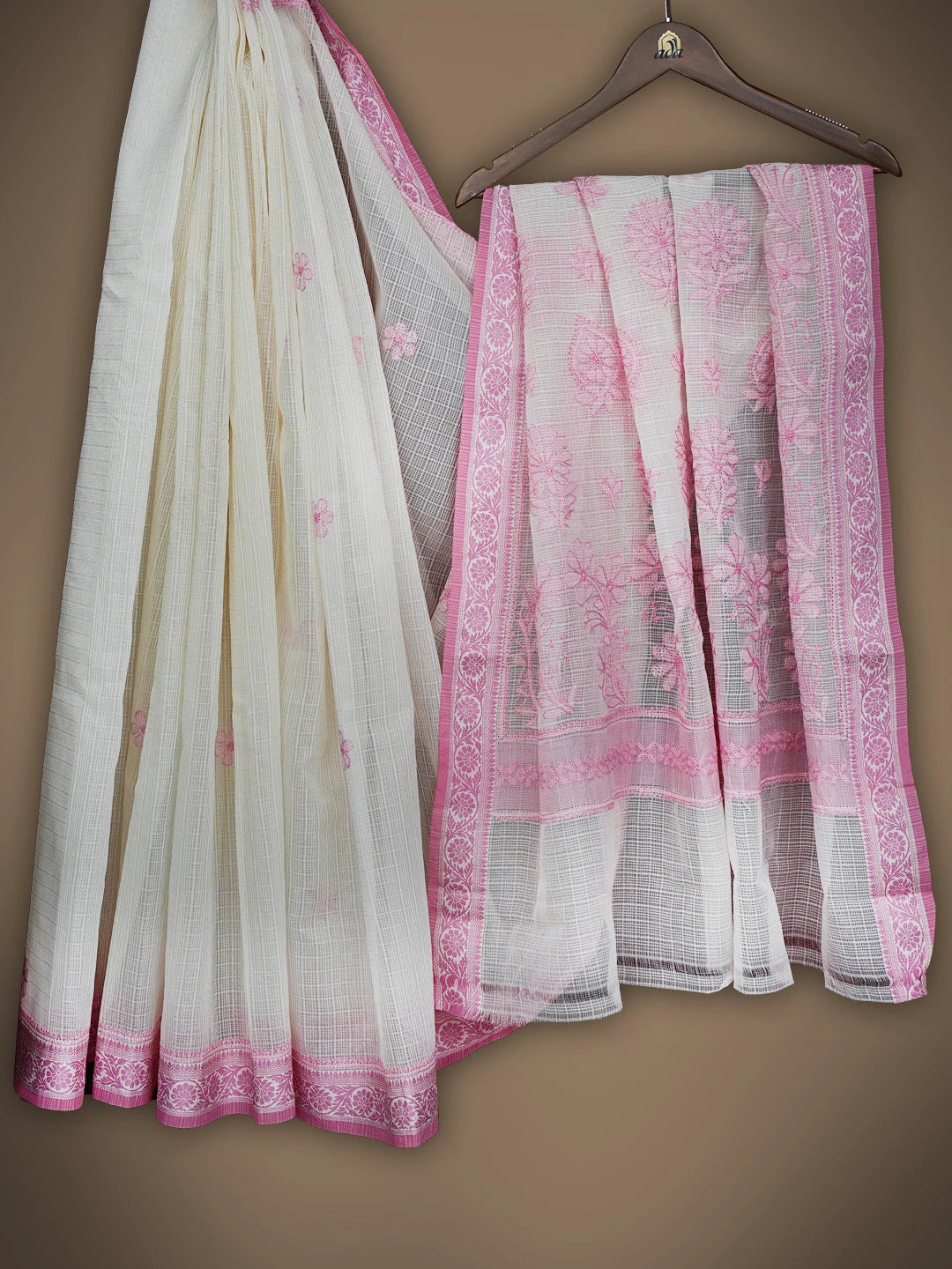 Ada Hand Embroidered Cream Chanderi Lucknowi Chikankari Saree and Blouse 01A837949