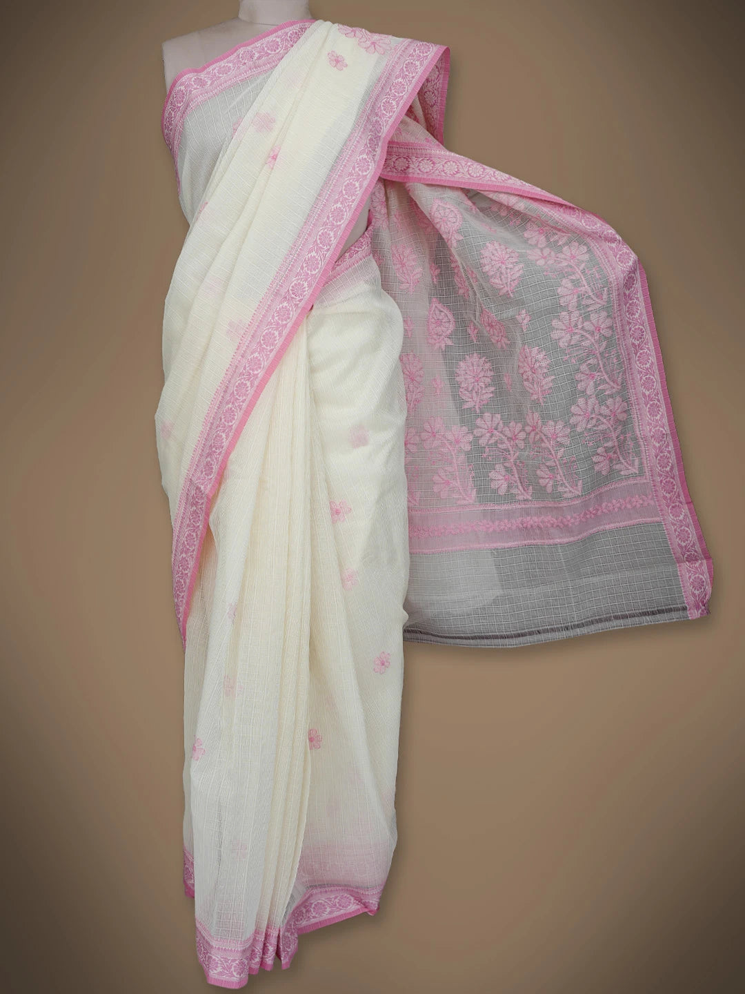 Ada Hand Embroidered Cream Chanderi Lucknowi Chikankari Saree and Blouse 01A837949