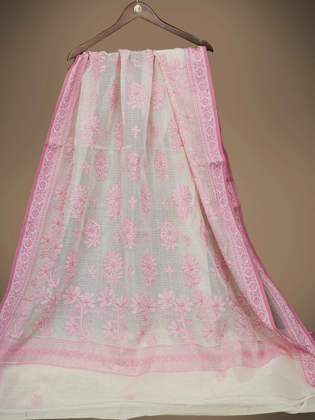 Ada Hand Embroidered Cream Chanderi Lucknowi Chikankari Saree and Blouse 01A837949