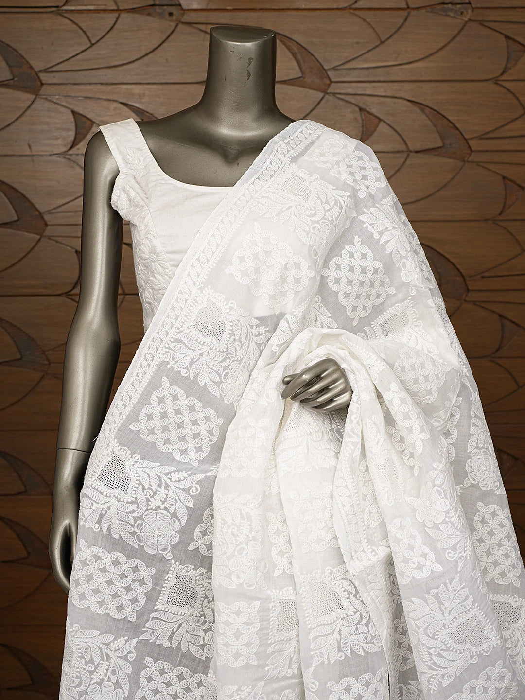 Ada Hand Embroidered White Cotton Lucknowi Chikankari Dupatta 01A801025
