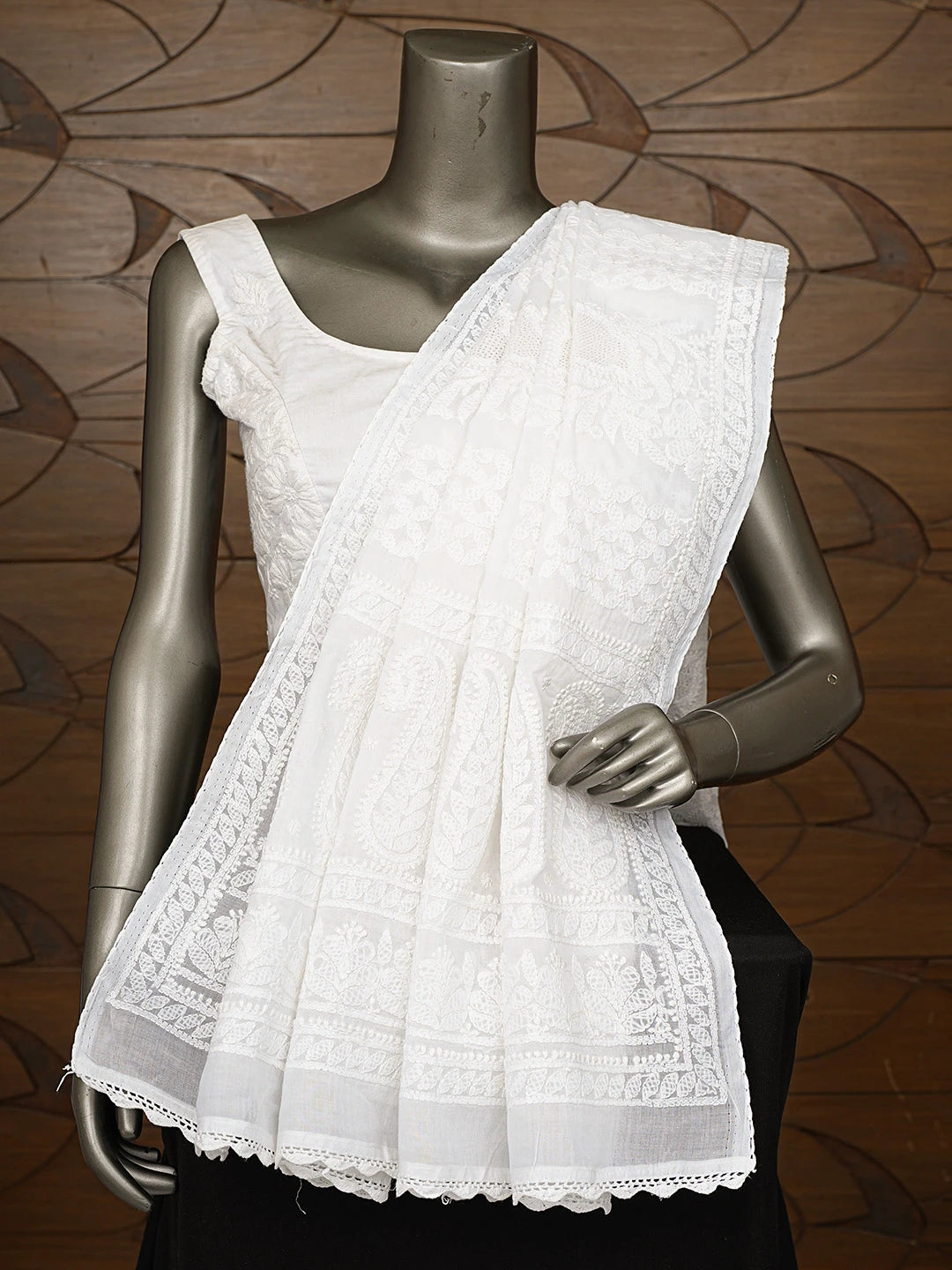 Ada Hand Embroidered White Cotton Lucknowi Chikankari Dupatta 01A801025