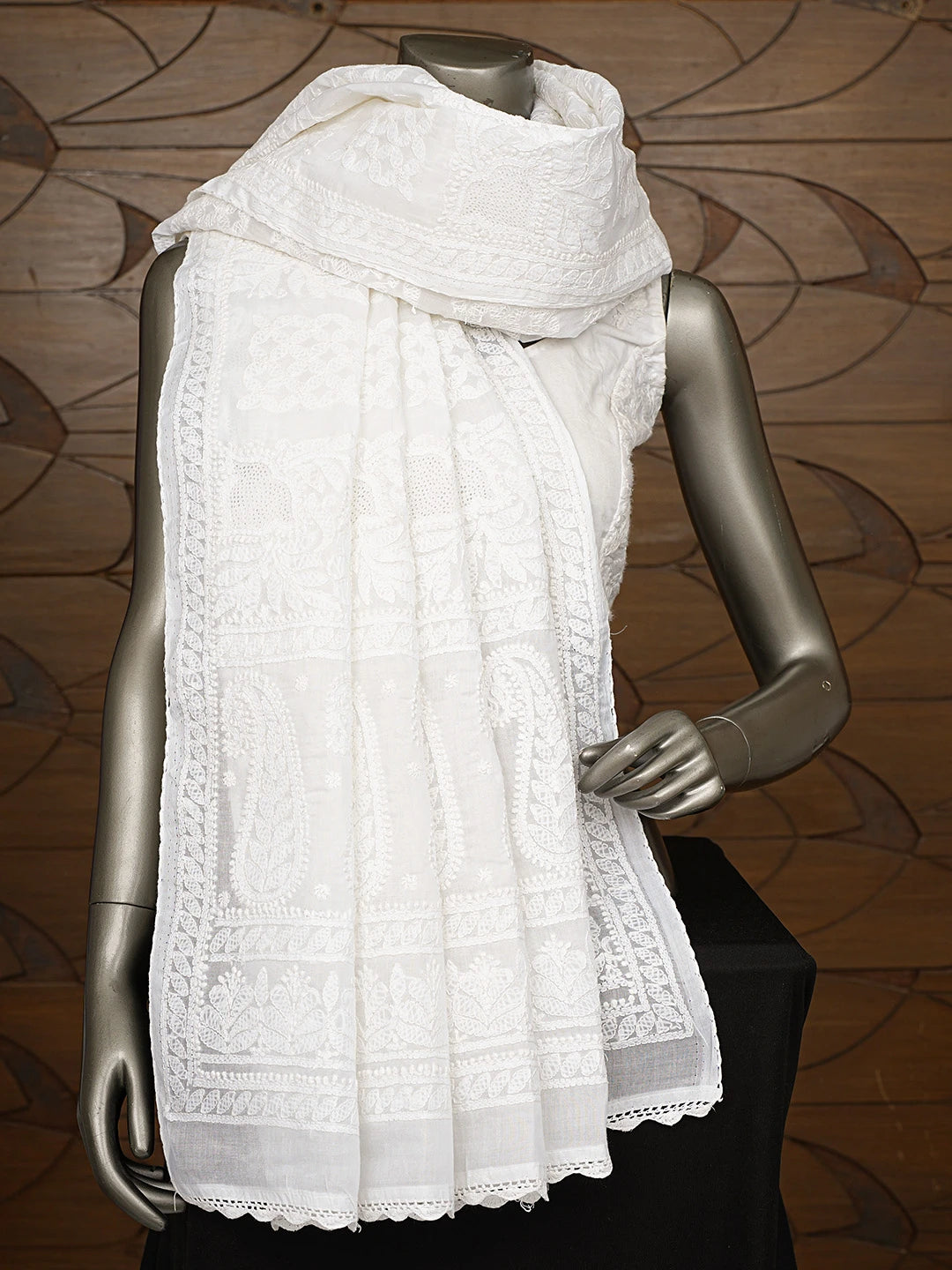 Ada Hand Embroidered White Cotton Lucknowi Chikankari Dupatta 01A801025