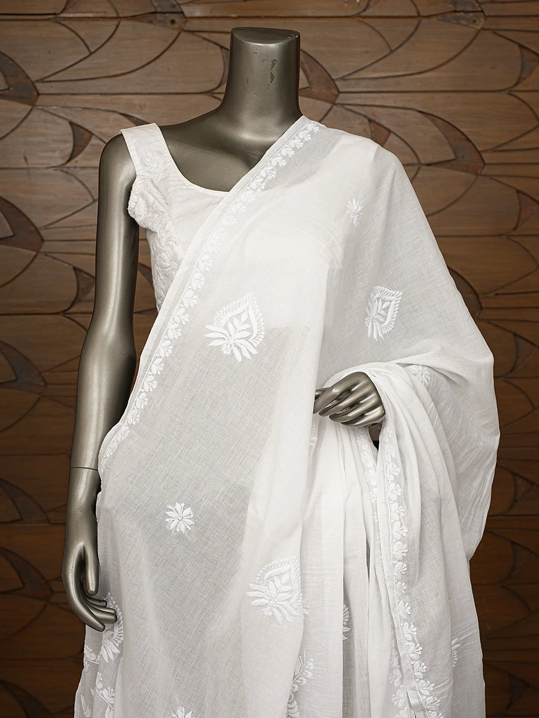 Ada Hand Embroidered White Cotton Lucknowi Chikankari Dupatta 01A832156