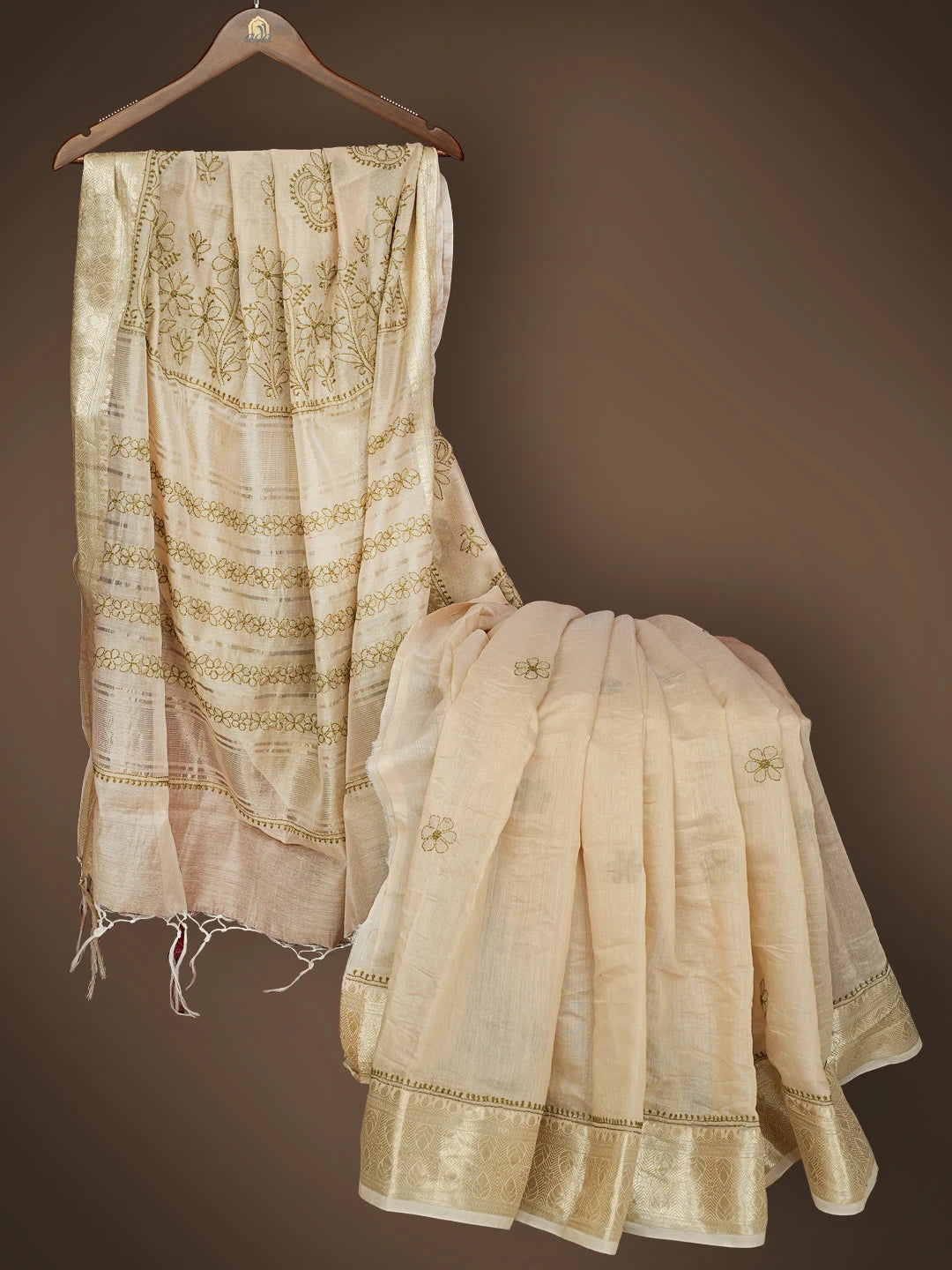 Ada Hand Embroidered Fawn Chanderi Lucknowi Chikankari Saree and Blouse 01A837953