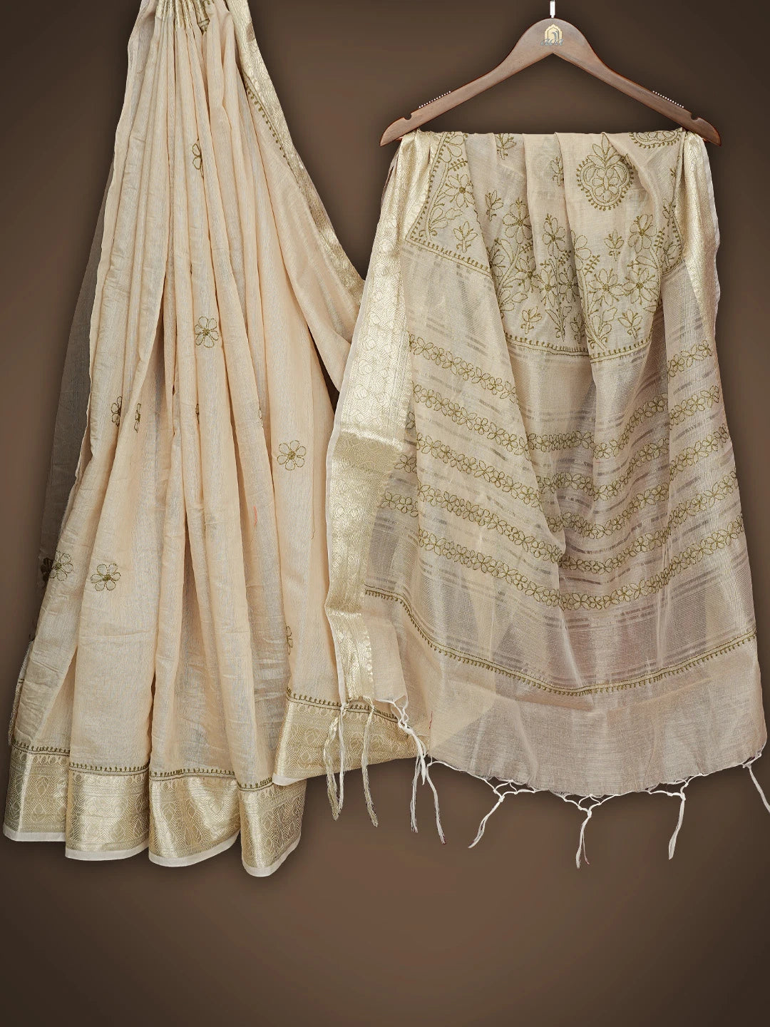 Ada Hand Embroidered Fawn Chanderi Lucknowi Chikankari Saree and Blouse 01A837953