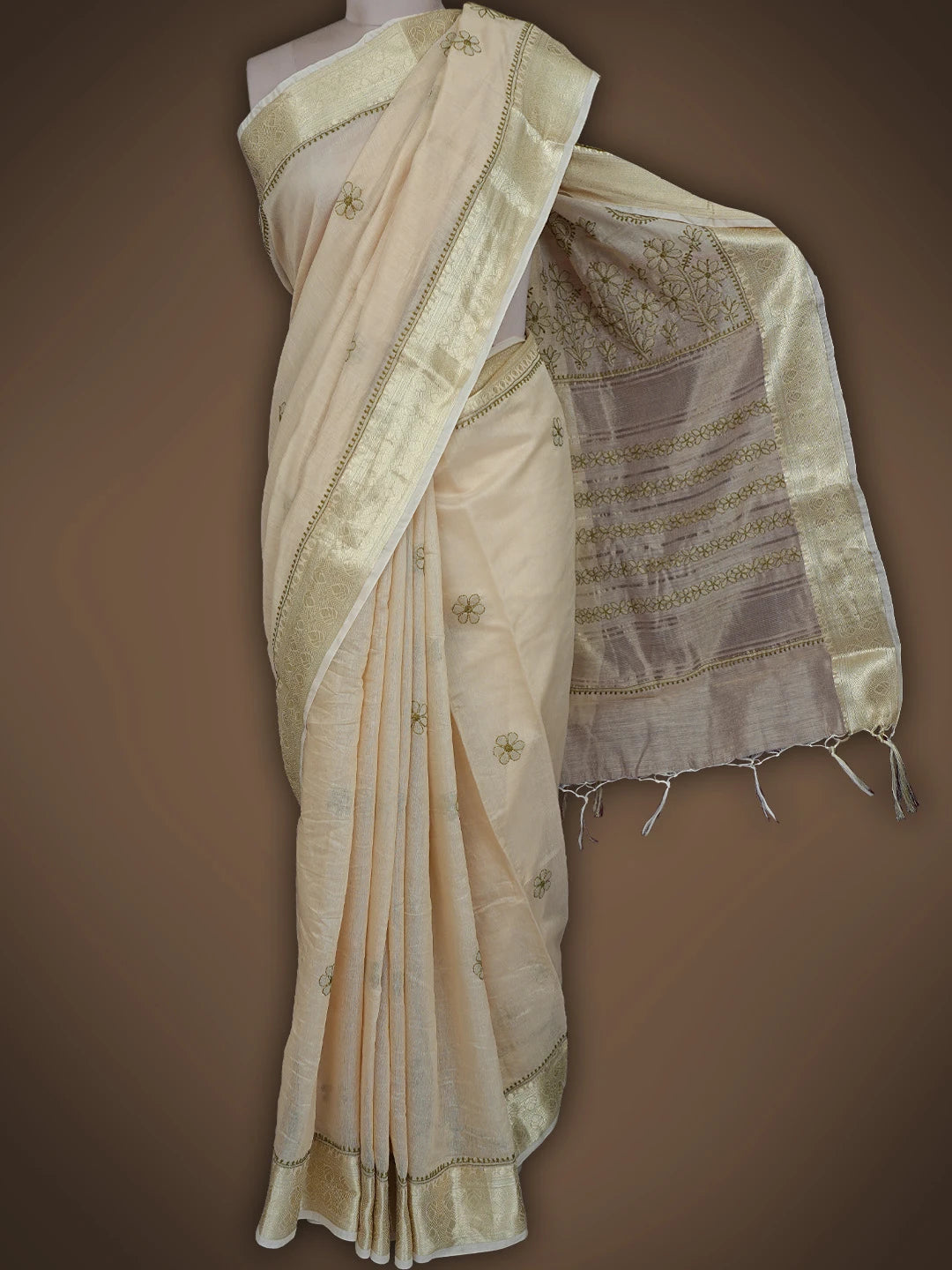 Ada Hand Embroidered Fawn Chanderi Lucknowi Chikankari Saree and Blouse 01A837953