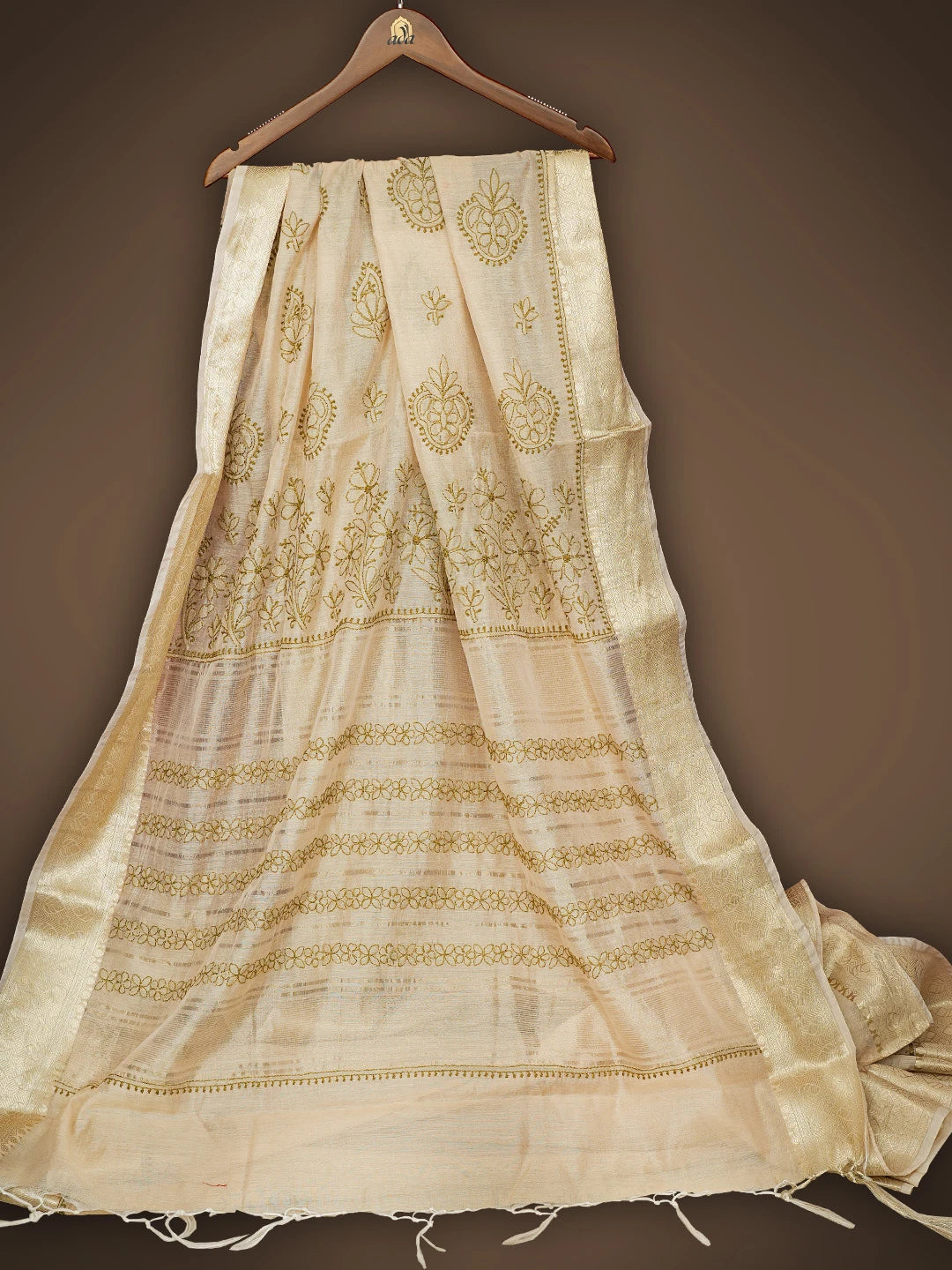 Ada Hand Embroidered Fawn Chanderi Lucknowi Chikankari Saree and Blouse 01A837953