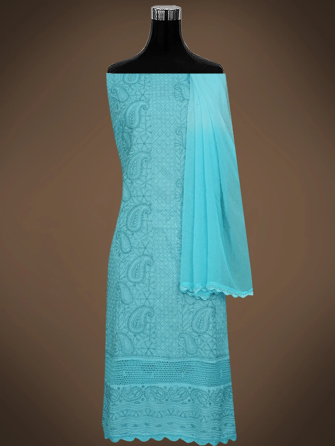 Ada Hand Embroidered Blue Cotton Lucknowi Chikankari Unstitched Suit Piece 01A839481