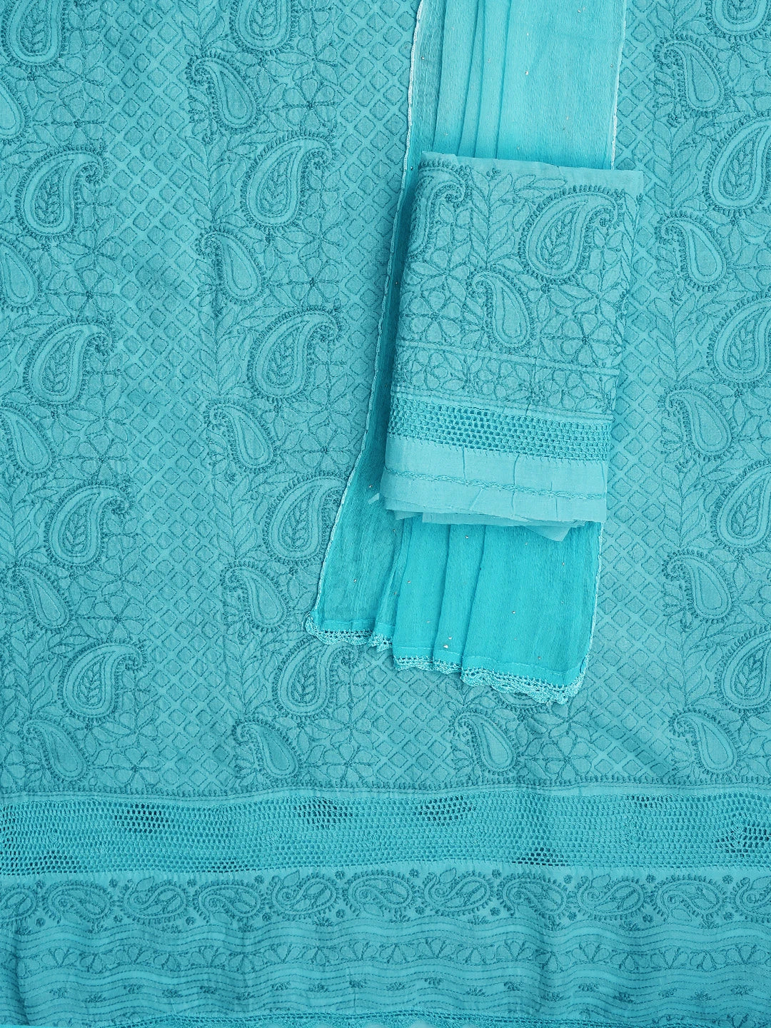 Ada Hand Embroidered Blue Cotton Lucknowi Chikankari Unstitched Suit Piece 01A839481