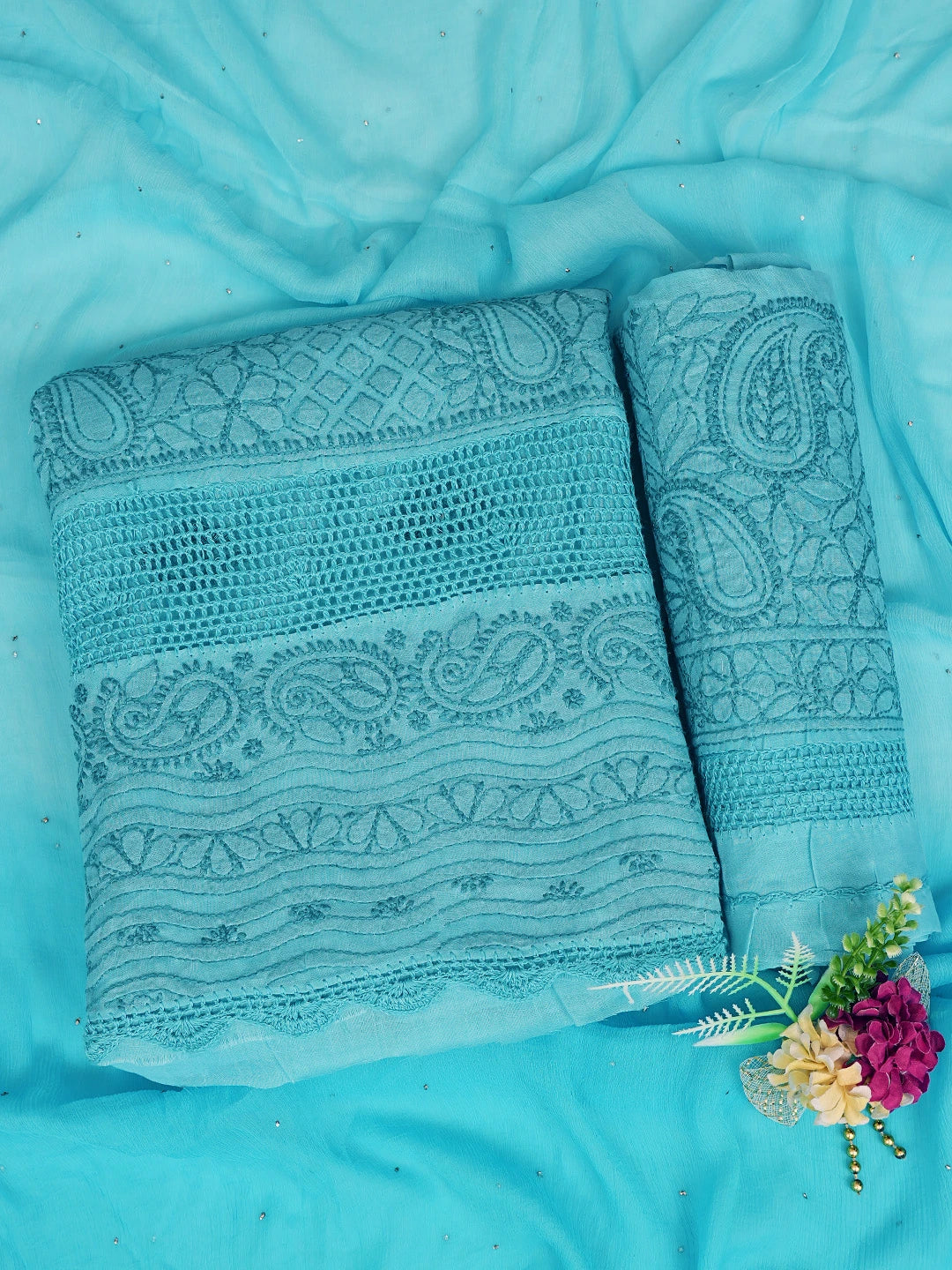 Ada Hand Embroidered Blue Cotton Lucknowi Chikankari Unstitched Suit Piece 01A839481