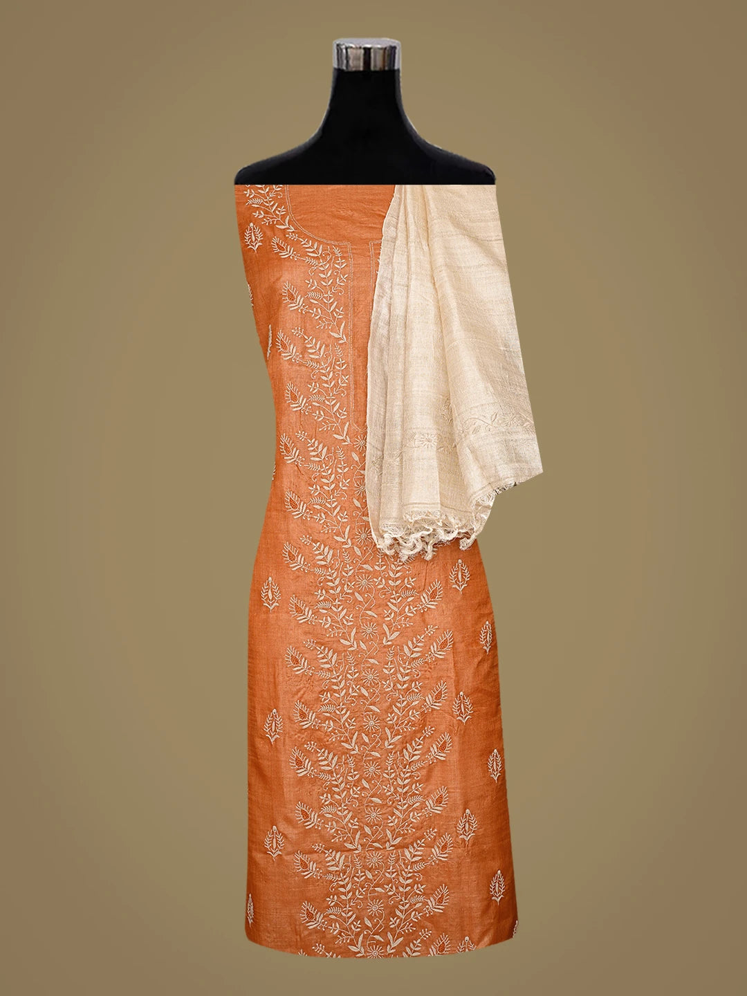 Ada Hand Embroidered Rust Tussar Silk Lucknowi Chikankari Unstitched Kurta Dupatta Set 01A836312