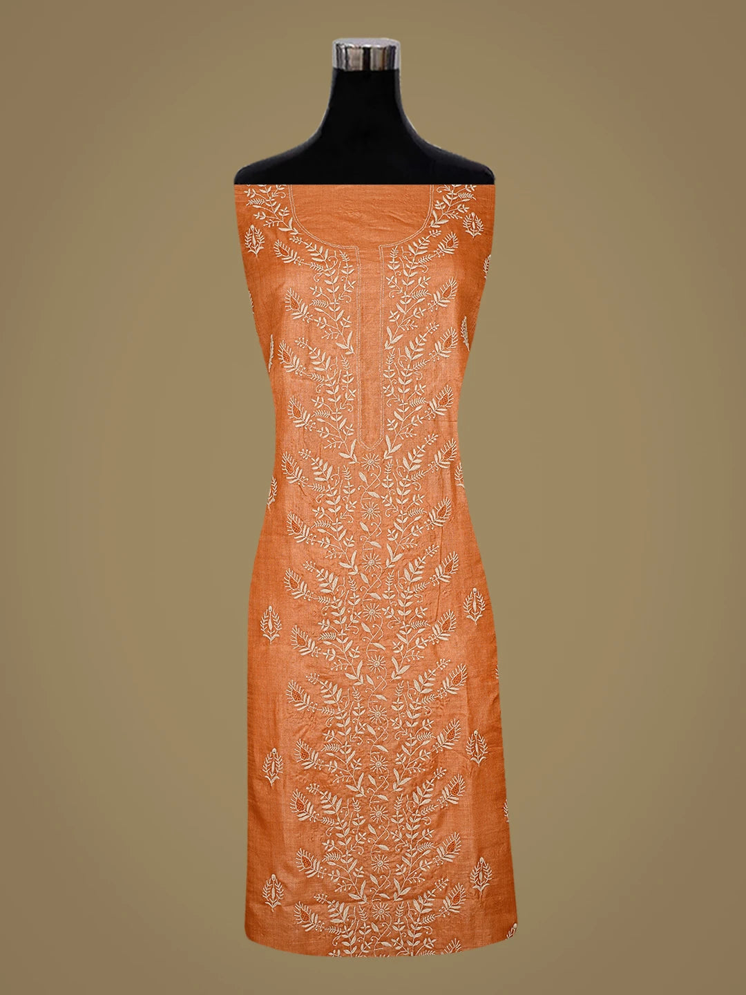 Ada Hand Embroidered Rust Tussar Silk Lucknowi Chikankari Unstitched Kurta Dupatta Set 01A836312
