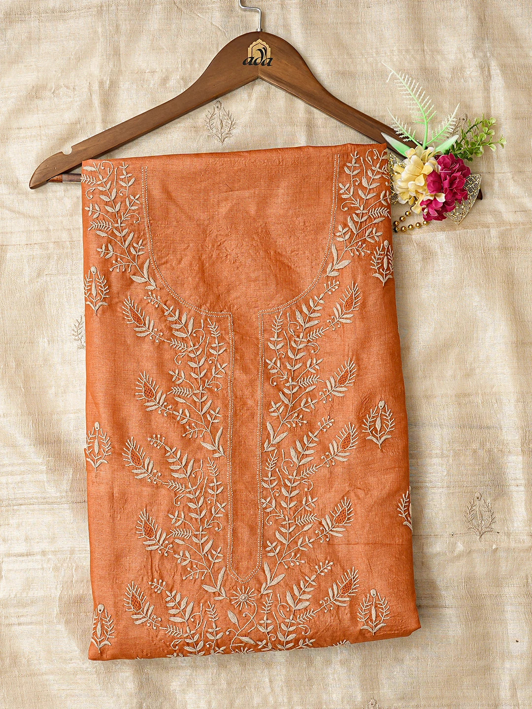Ada Hand Embroidered Rust Tussar Silk Lucknowi Chikankari Unstitched Kurta Dupatta Set 01A836312