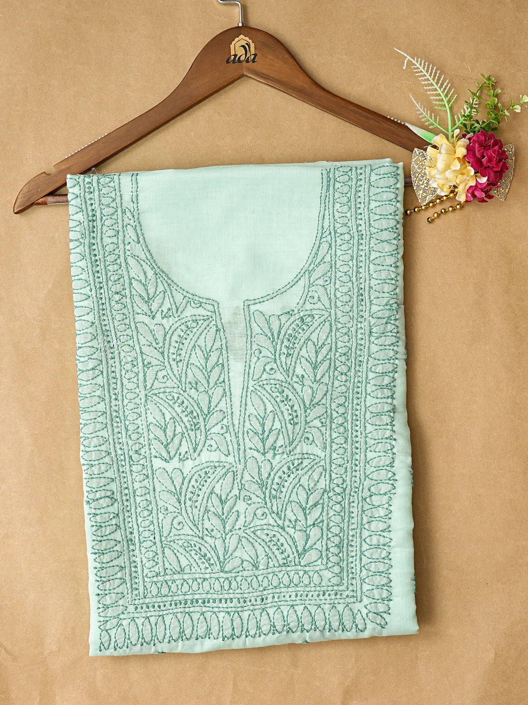 Ada Hand Embroidered Sea Green Cotton Lucknowi Chikankari Unstitched Kurta Piece 01A816544