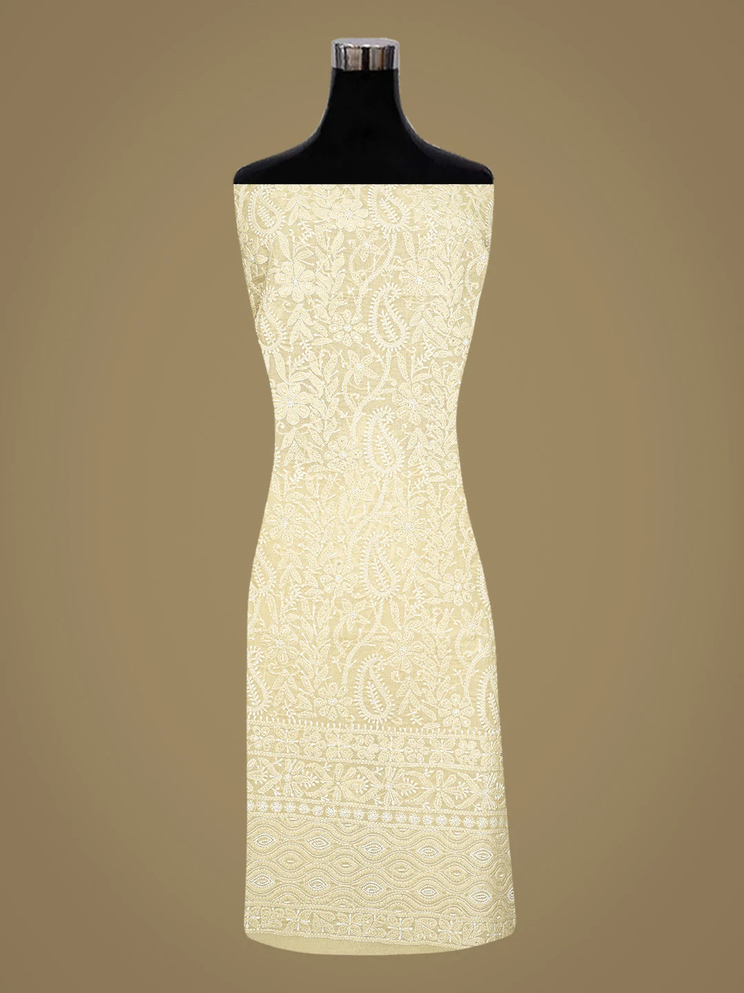 Ada Hand Embroidered Fawn Cotton Lucknowi Chikankari Unstitched Kurta Piece With Pearl Work 01A825251