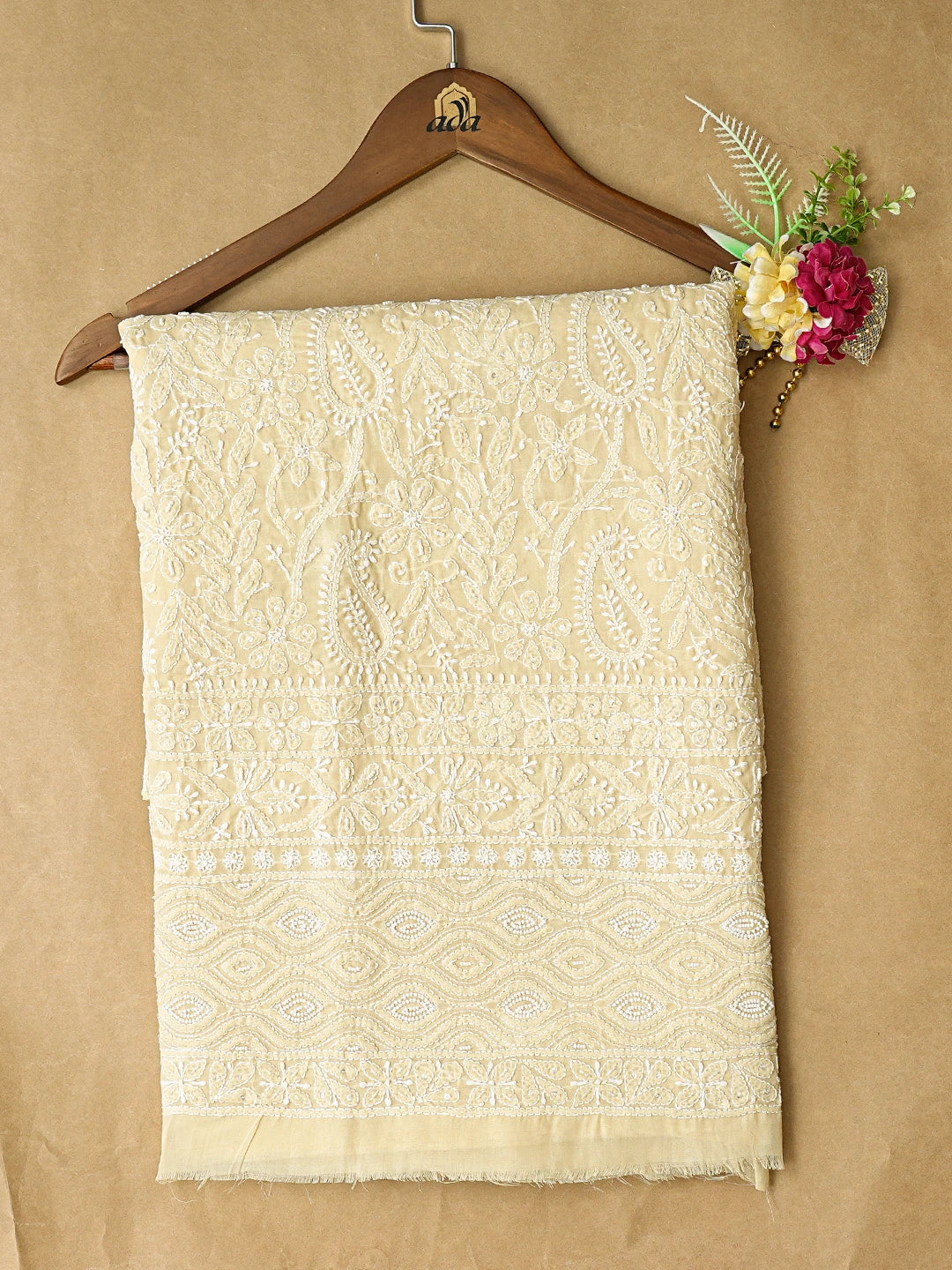 Ada Hand Embroidered Fawn Cotton Lucknowi Chikankari Unstitched Kurta Piece With Pearl Work 01A825251