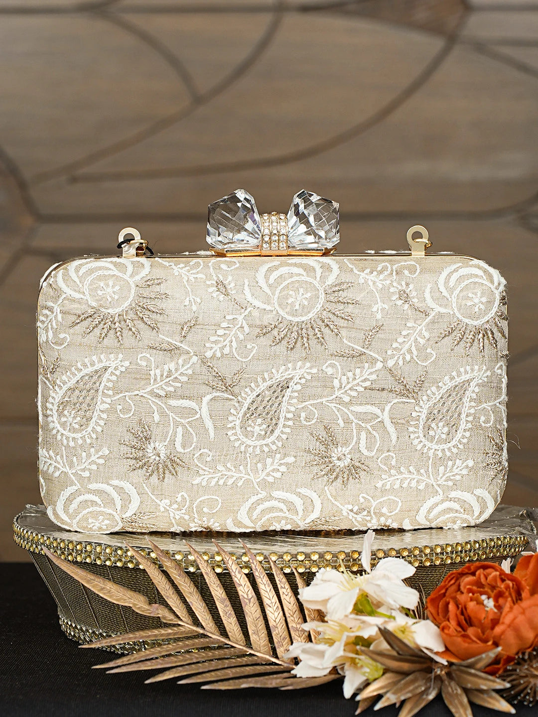 Ada Hand Embroidered Fawn Silk Lucknowi Chikankari Clutch With Zari Taar Work 01A838343