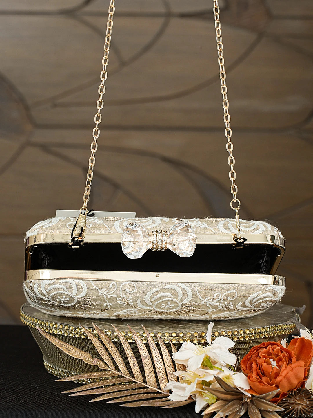Ada Hand Embroidered Fawn Silk Lucknowi Chikankari Clutch With Zari Taar Work 01A838343