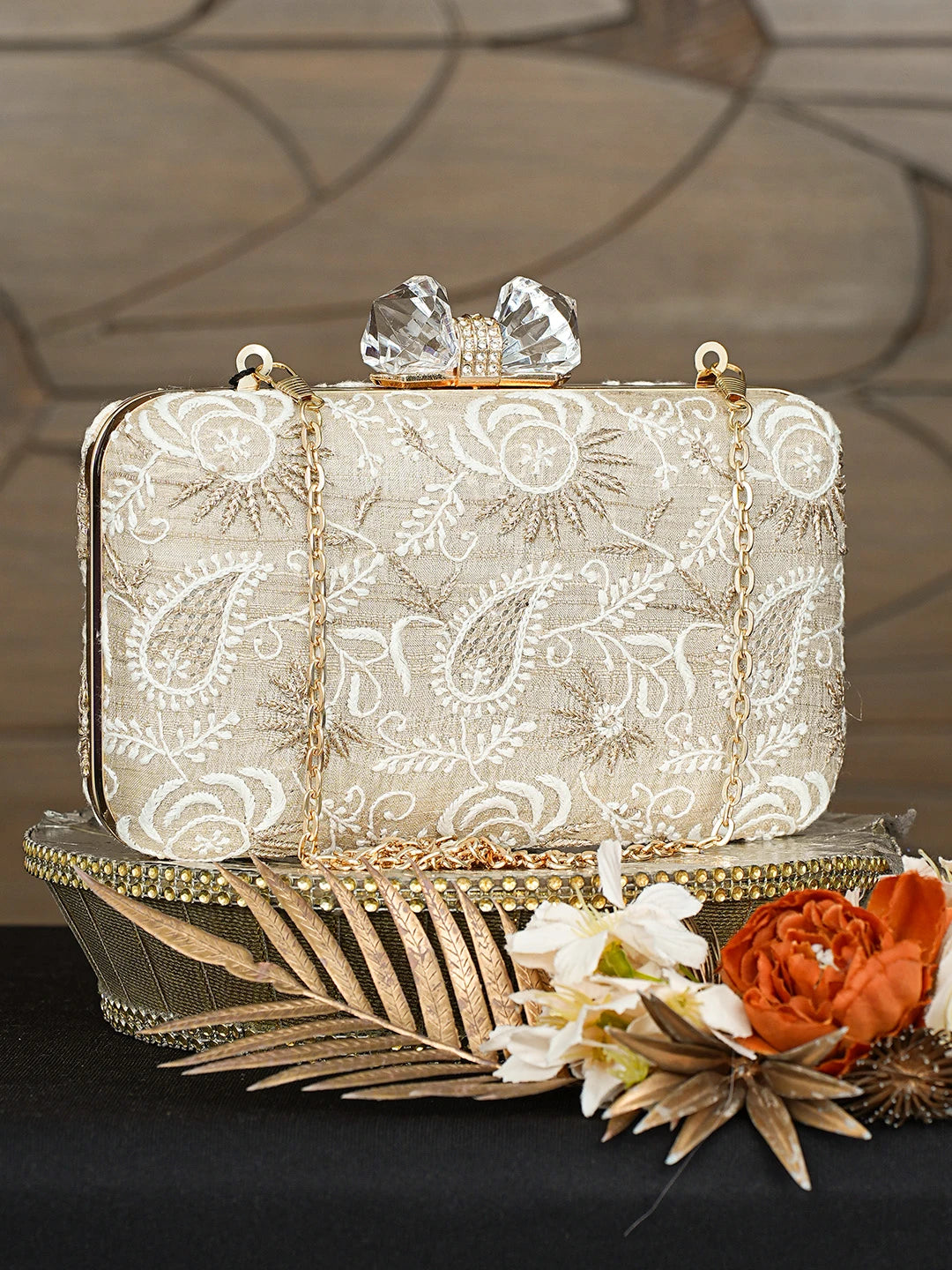 Ada Hand Embroidered Fawn Silk Lucknowi Chikankari Clutch With Zari Taar Work 01A838343