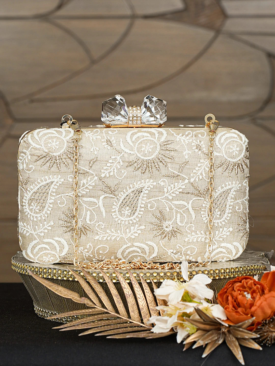Ada Hand Embroidered Fawn Silk Lucknowi Chikankari Clutch With Zari Taar Work 01A838343
