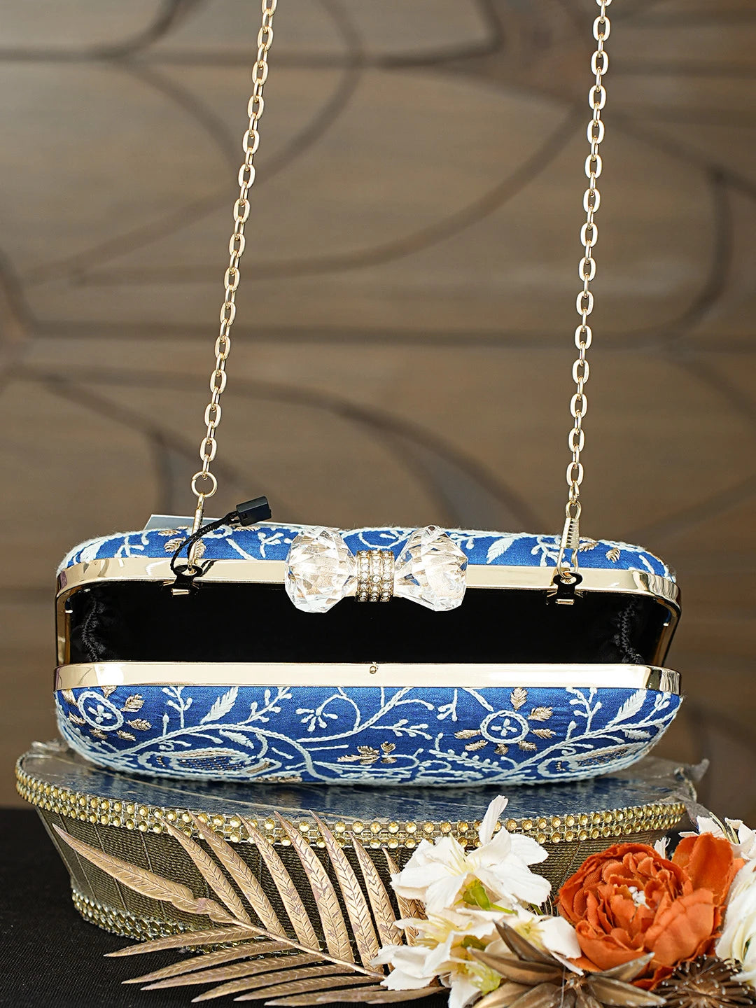 Ada Hand Embroidered Royal Blue Silk Lucknowi Chikankari Clutch With Zari Taar Work 01A838346