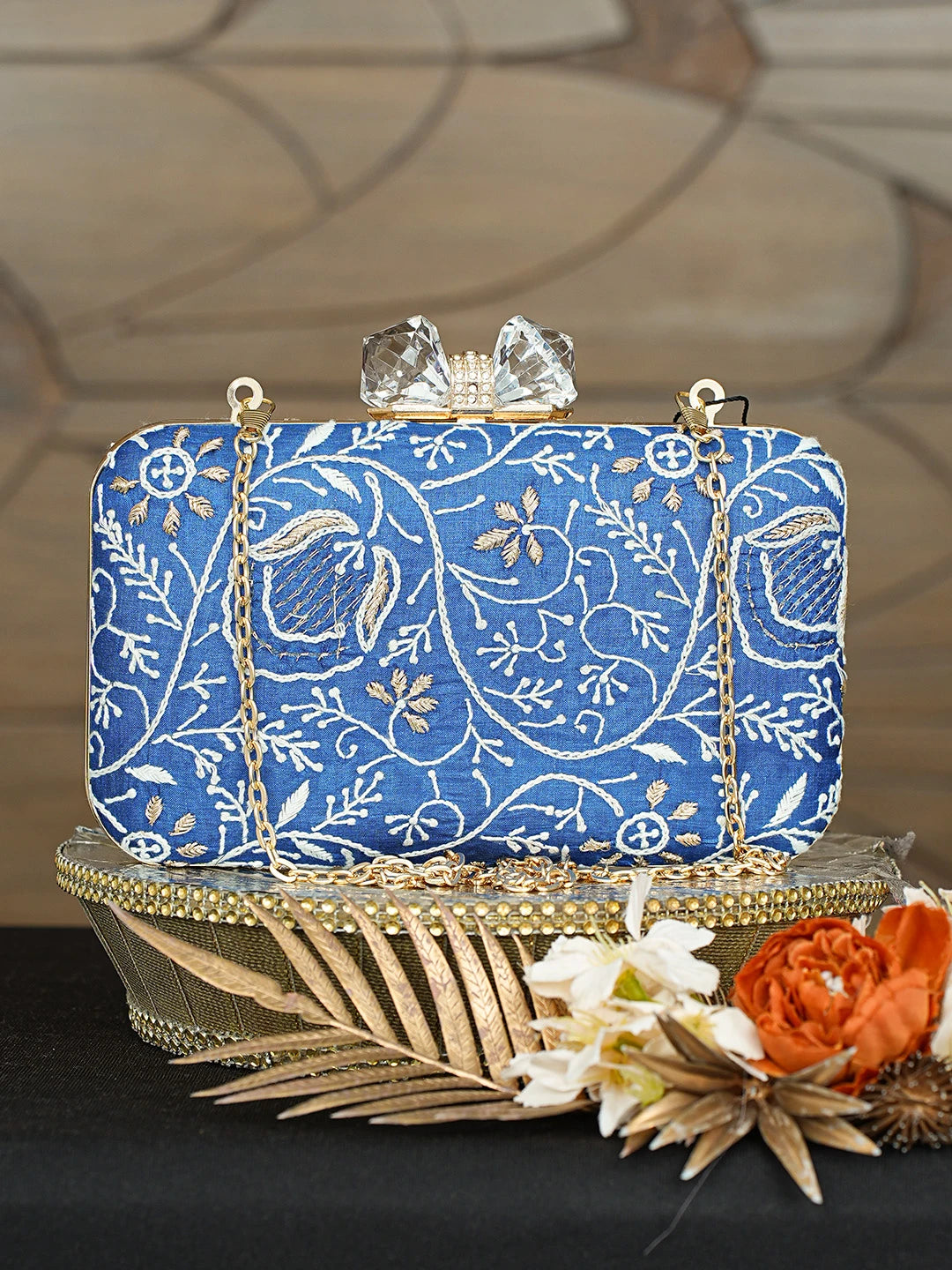 Ada Hand Embroidered Royal Blue Silk Lucknowi Chikankari Clutch With Zari Taar Work 01A838346